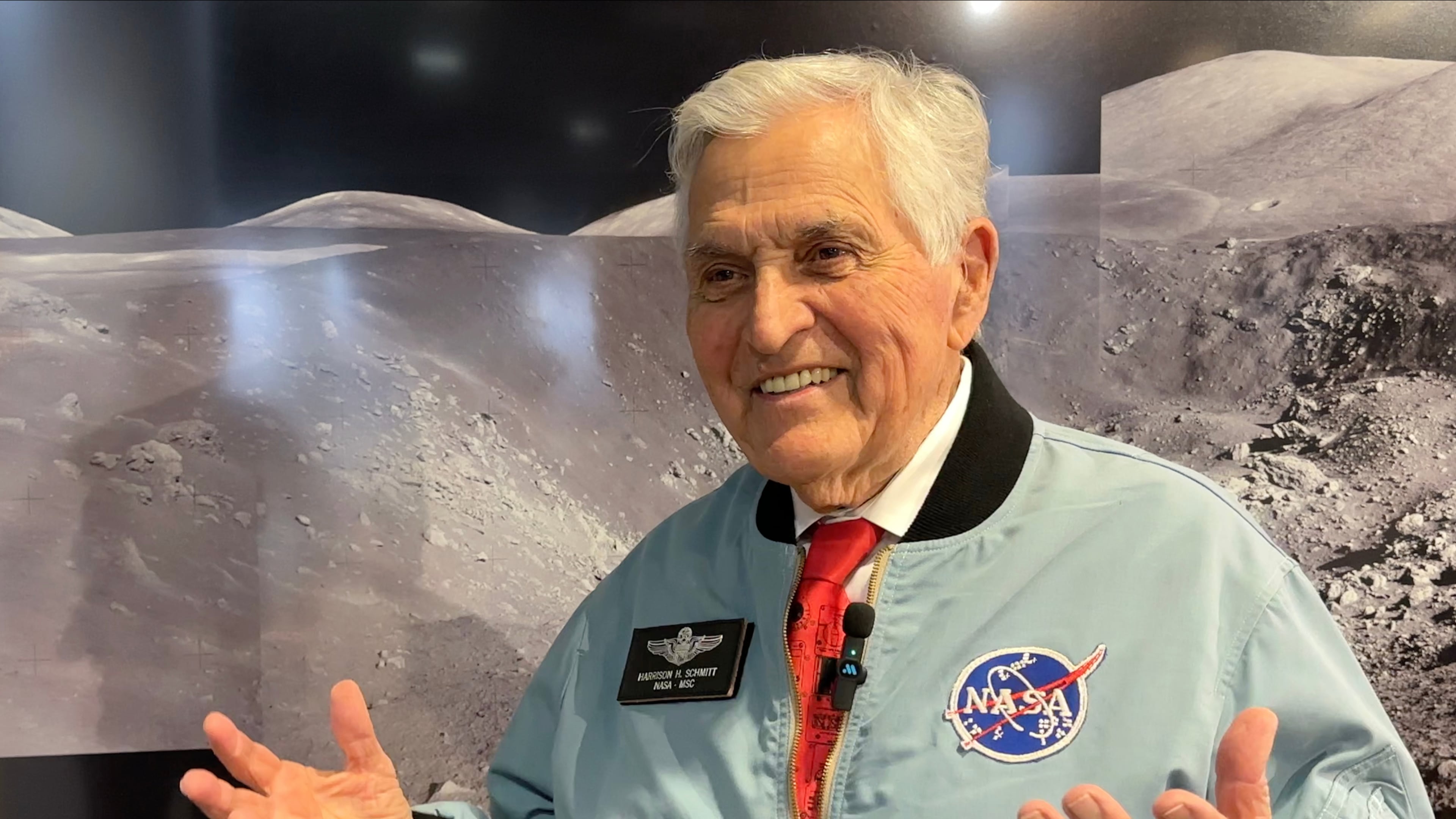 Apollo astronaut Harrison "Jack" Schmitt talks about having to acclimate to gravity after his moon mission in 1972 while being interviewed at the New Mexico Museum of Natural History and Science in Albuquerque, N.M., on April 22, 2026. (AP Photo/Susan Montoya Bryan)