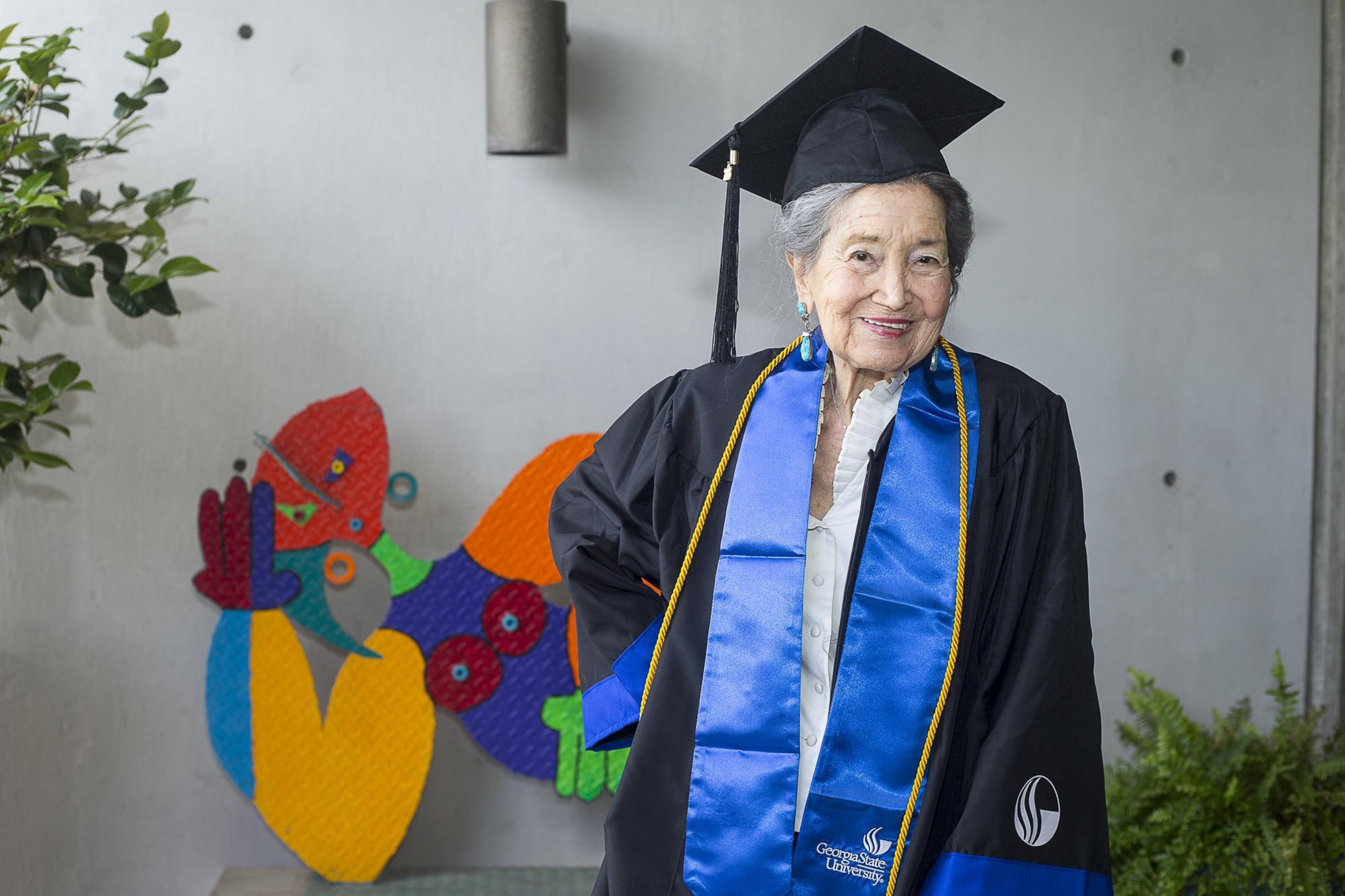 Joyce Lowenstein, 93, poses for a portrait at her Midtown Atlanta residence a few days ahead of her graduation from Georgia State University.