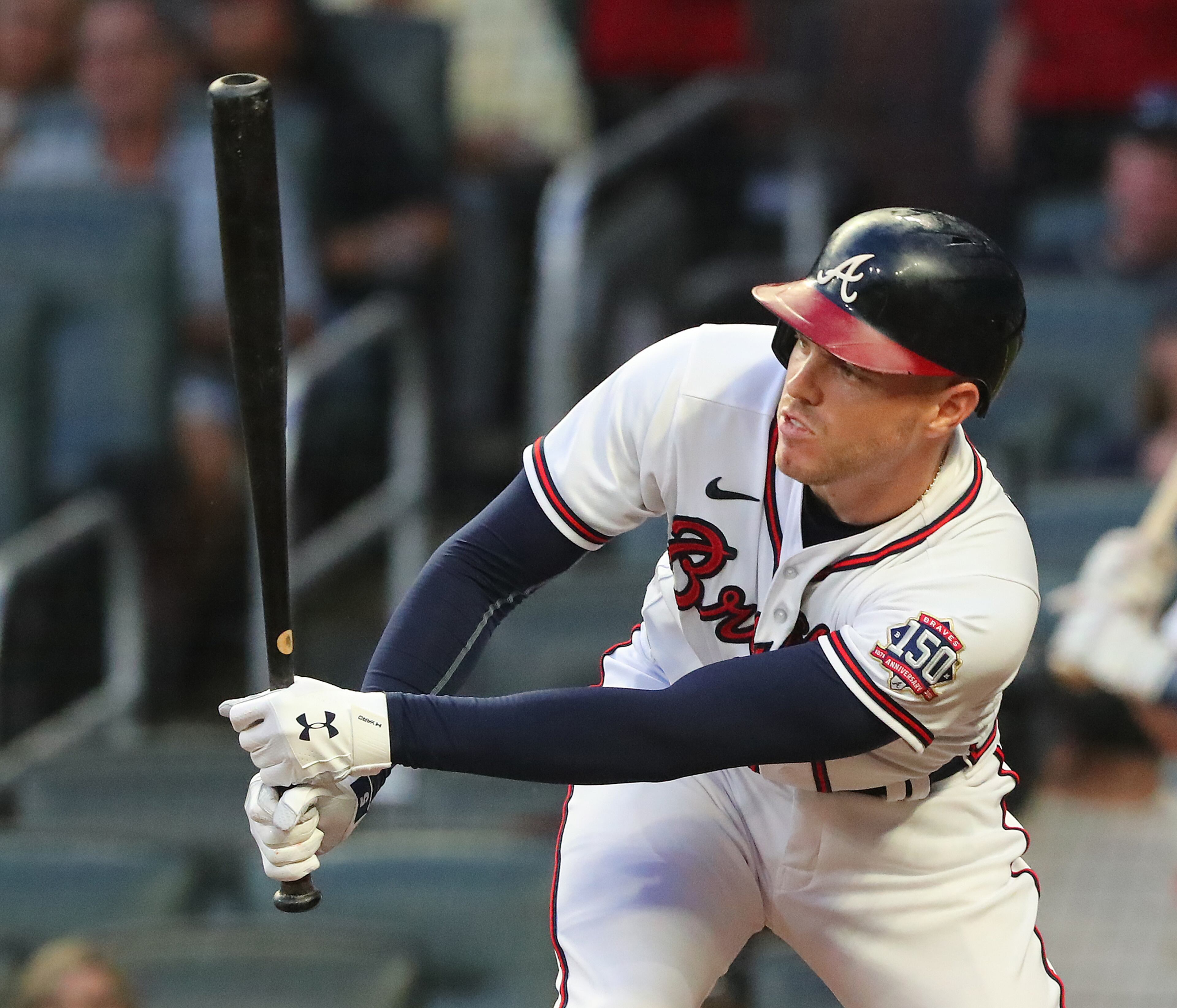 Braves first baseman Freddie Freeman rips a single against the Washington Nationals during the first inning in a MLB baseball game on Tuesday, Sept 7, 2021, in Atlanta. “Curtis Compton / Curtis.Compton@ajc.com”