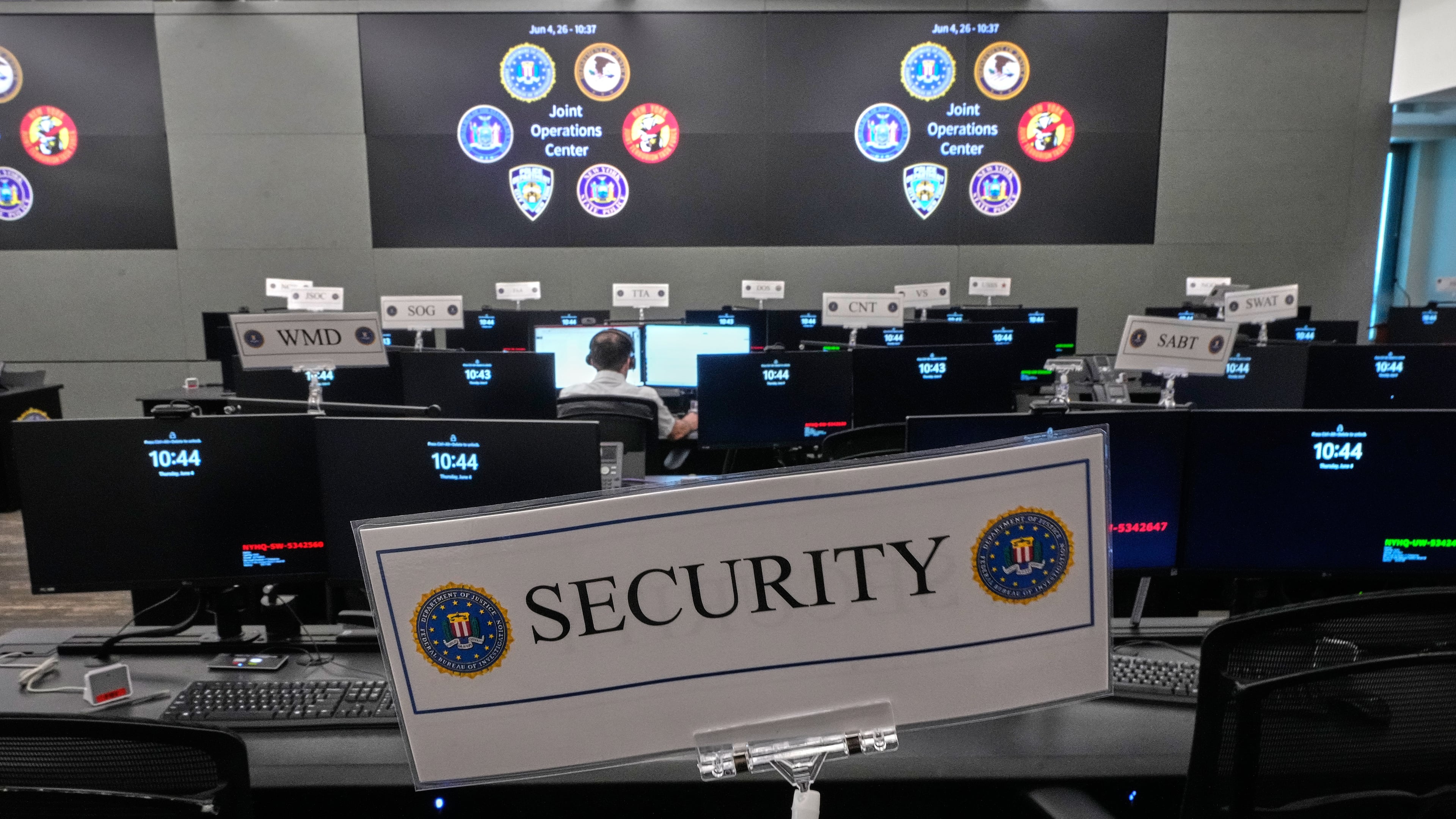Rows of desks fill the FBI's Joint Operations Center in New York, Thursday, June 4, 2026, ahead of the World Cup soccer tournament. (AP Photo/Richard Drew)