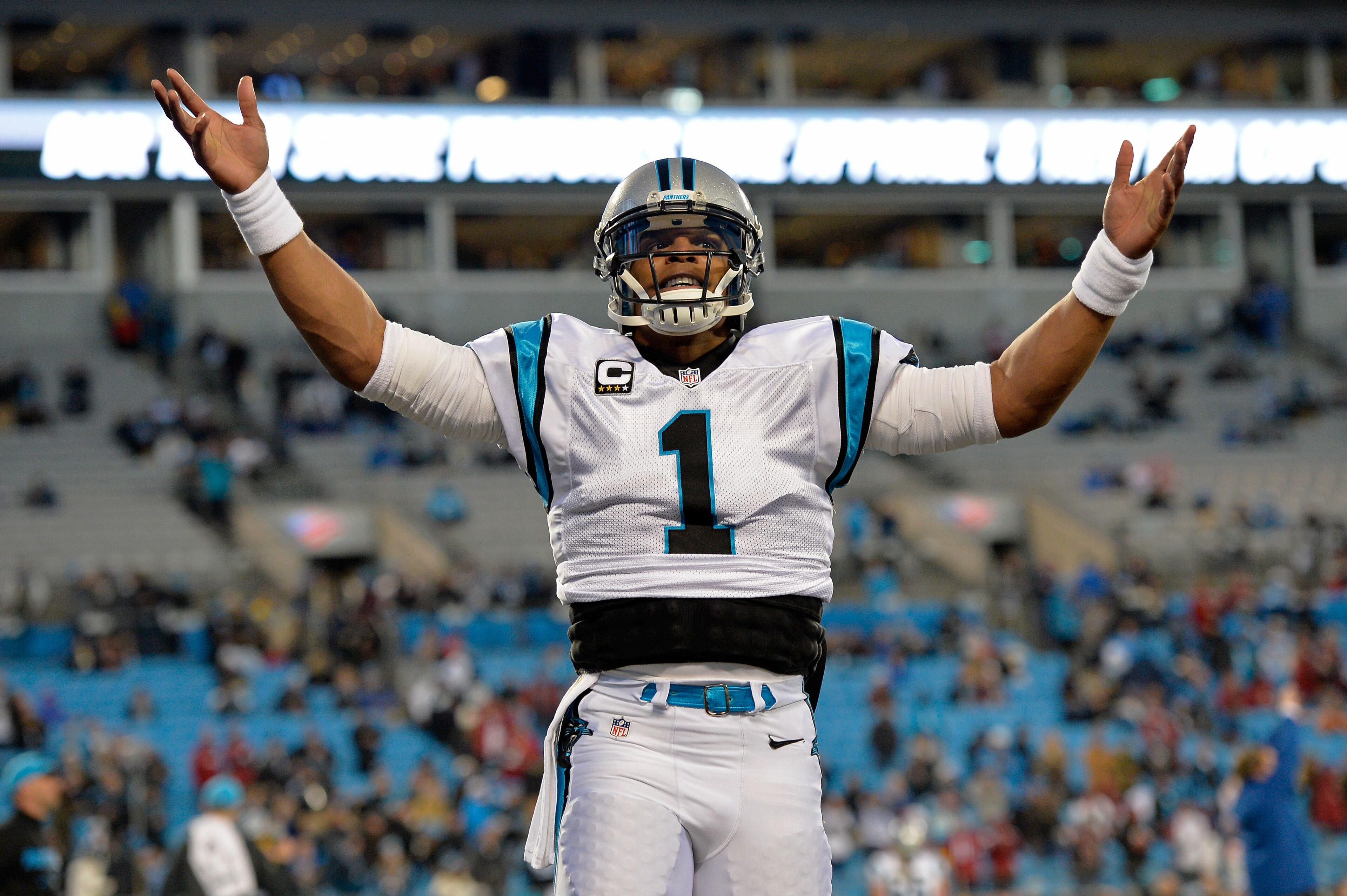 CHARLOTTE, NC - JANUARY 24: Cam Newton #1 of the Carolina Panthers takes the field prior to the NFC Championship Game against the Arizona Cardinals at Bank of America Stadium on January 24, 2016 in Charlotte, North Carolina. (Photo by Grant Halverson/Getty Images)