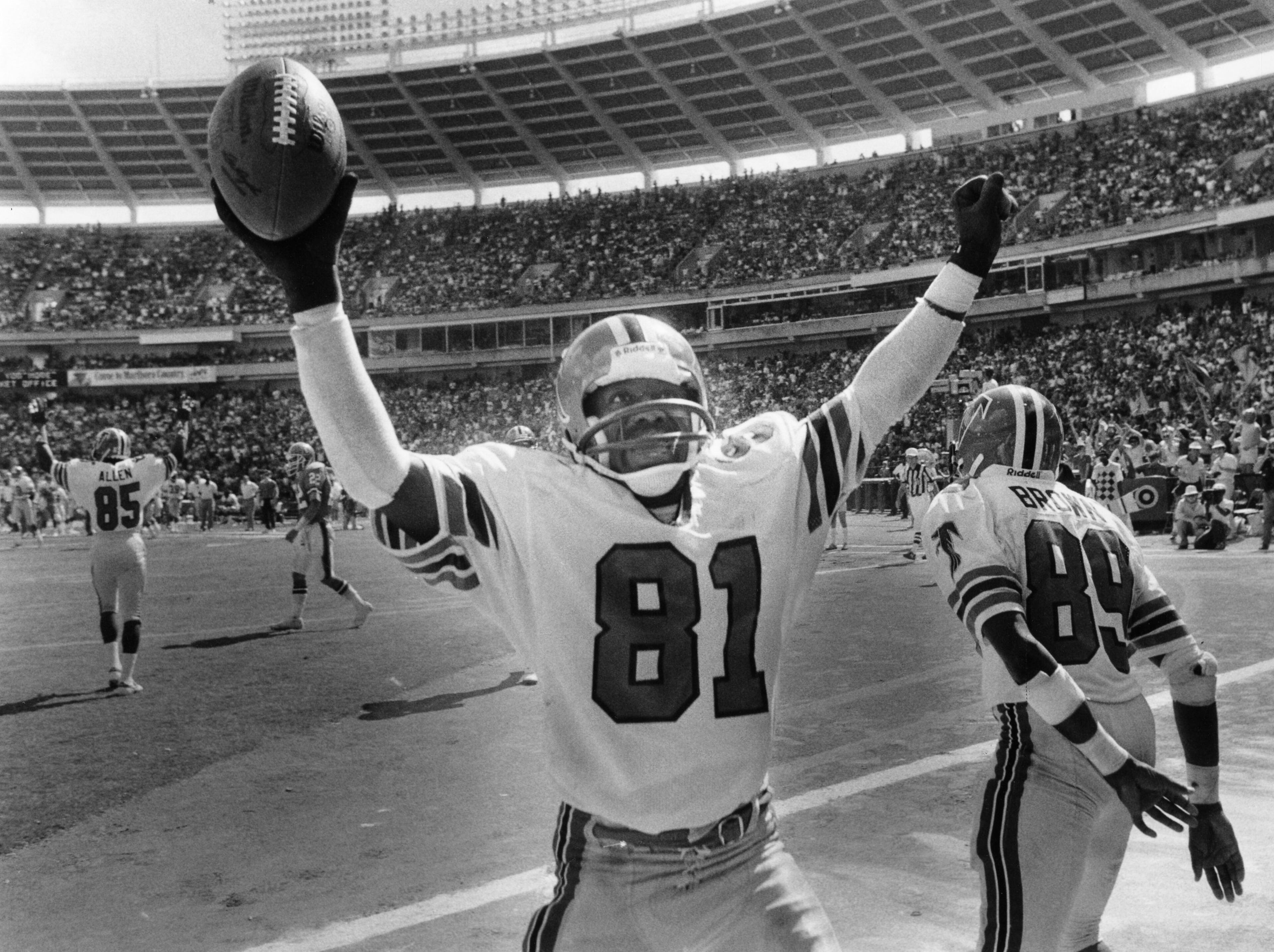 The Falcons' Billy 'White Shoes' Johnson celebrates after scoring a touchdown in 1985. AJC file photo