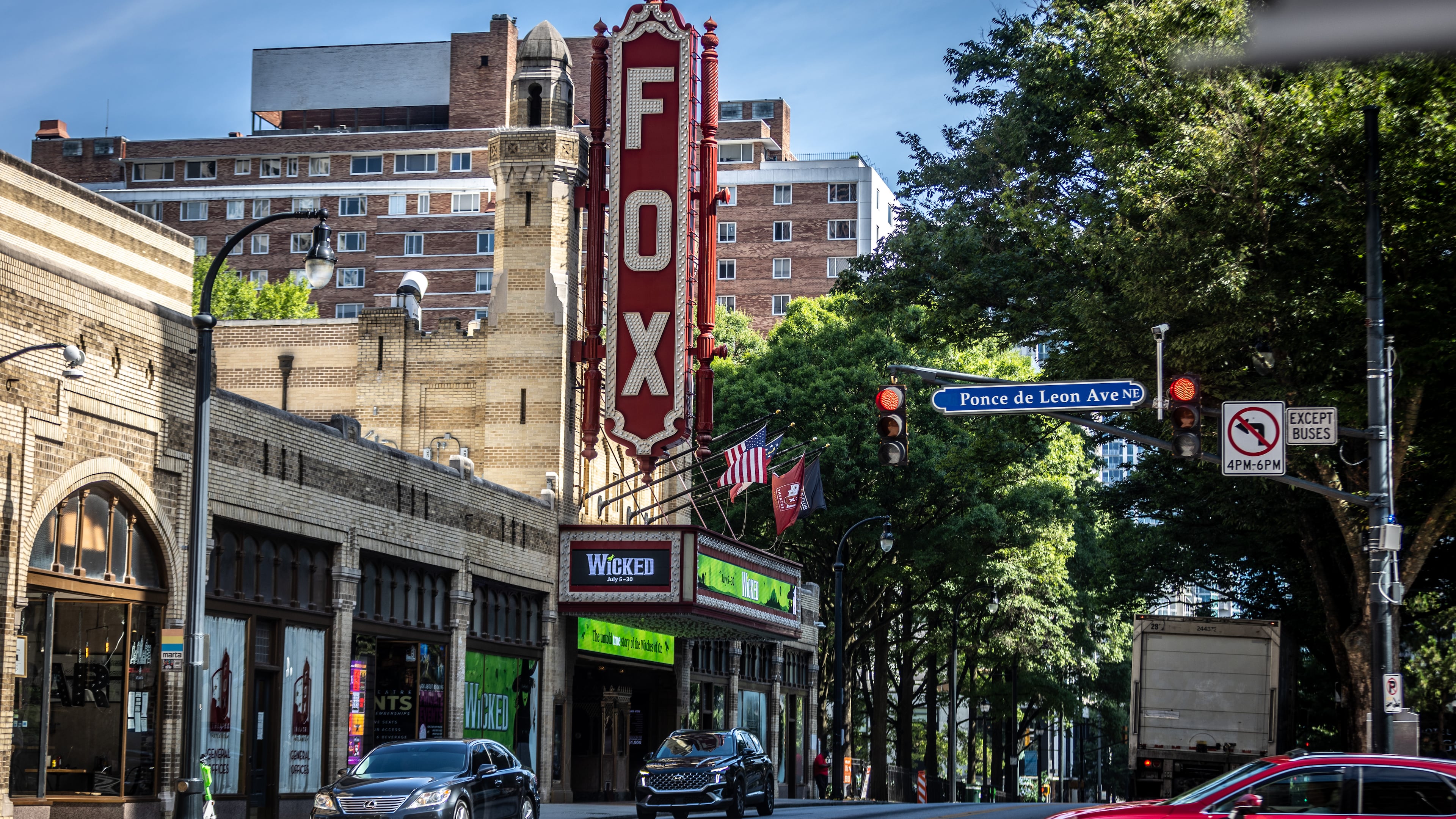 Traffic moves Along Peachtree St., Saturday, July 8, 2023. The area near the Fox Theater between North Avenue and 10th St., on Peachtree Street, will be part of an upcoming pedestrian-focused study. (Steve Schaefer/steve.schaefer@ajc.com)