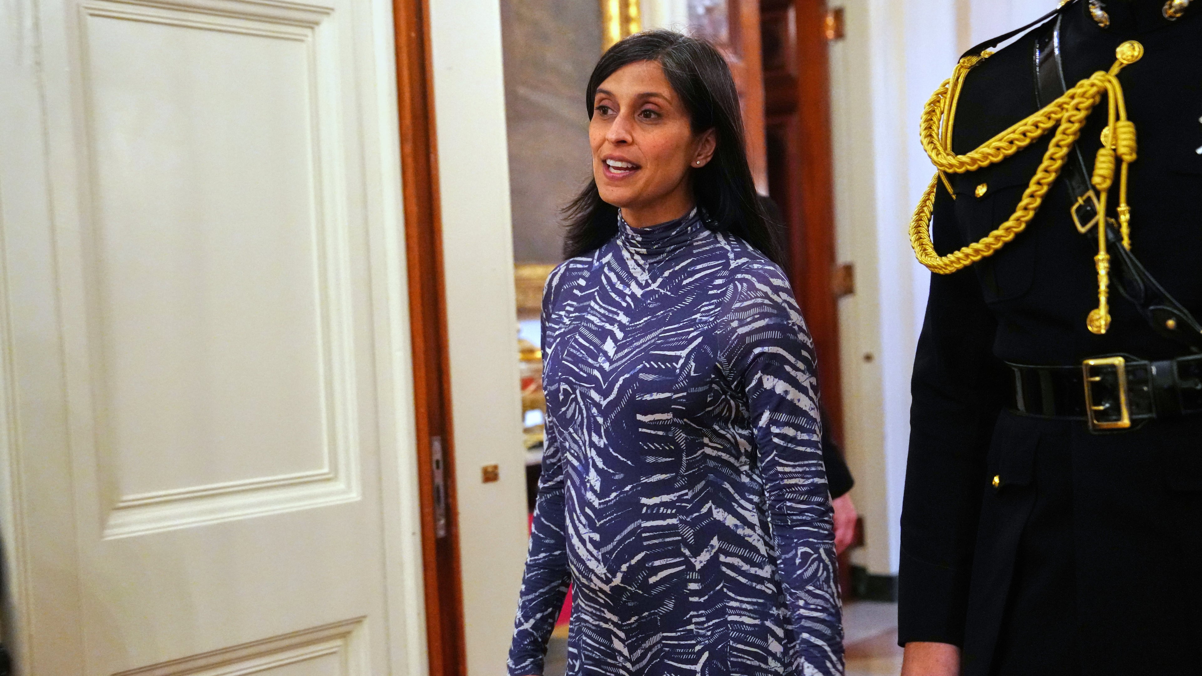 FILE - Second lady Usha Vance arrives at a women's history month event in the East Room at the White House, March 12, 2026, in Washington. (AP Photo/Julia Demaree Nikhinson, File)