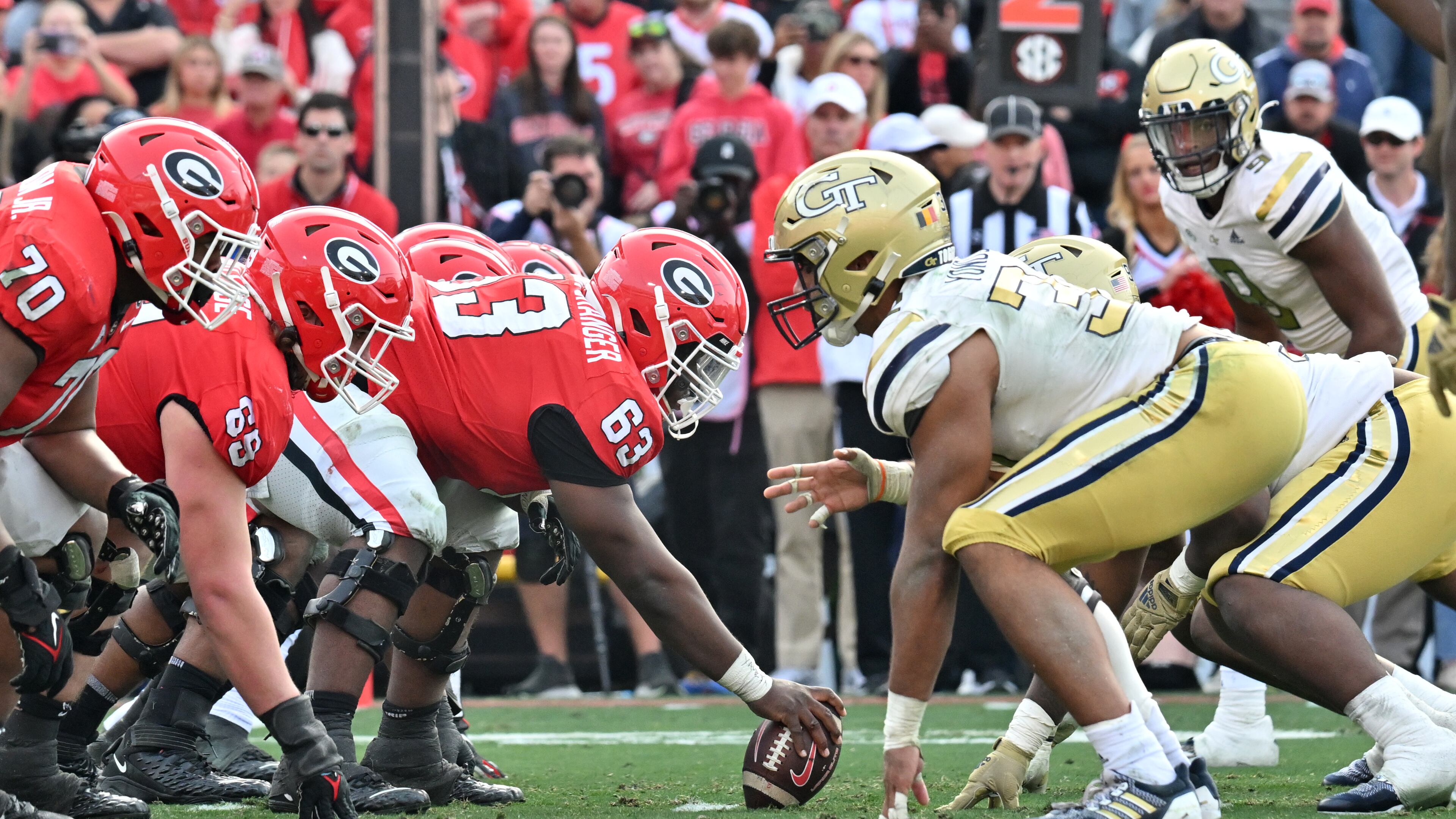 Georgia and Georgia Tech during the second half in an NCAA football game at Sanford Stadium in Athens on Saturday, Nov. 26, 2022. Georgia won 37-14 over Georgia Tech. (Hyosub Shin/AJC 2022)