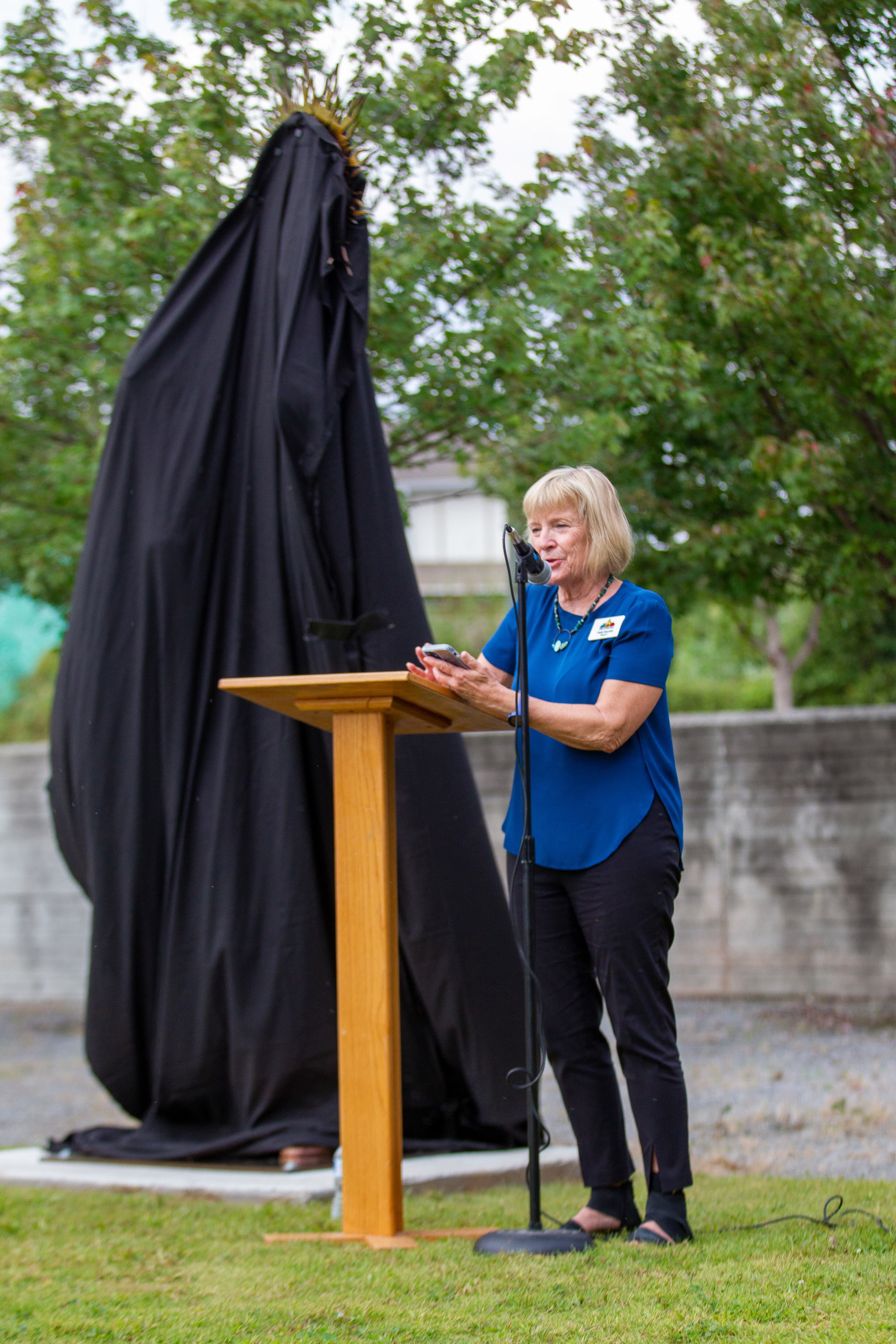 Decatur Mayor Pattie Garrett talks to the crowd during the unveiling ceremony of artist Ellex Swavoni's sculpture "What Sonia Said" in Decatur on Sunday, September 12, 2021. STEVE SCHAEFER FOR THE ATLANTA JOURNAL-CONSTITUTION