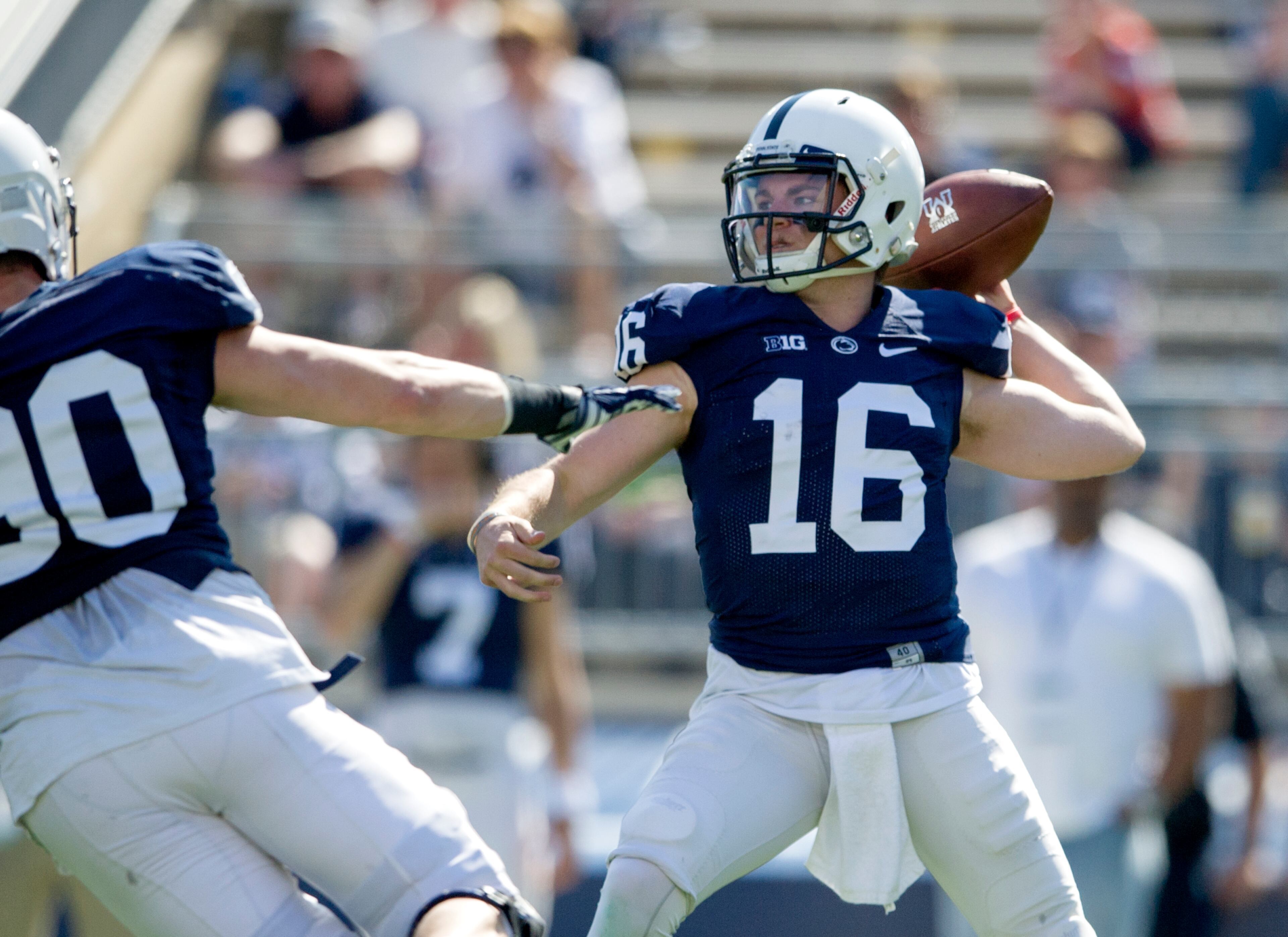Penn State quarterback Billy Fessler makes a pass during the Blue-White spring NCAA college football game, Saturday, April 16, 2016, in State College, Pa. (Abby Drey/Centre Daily Times via AP)