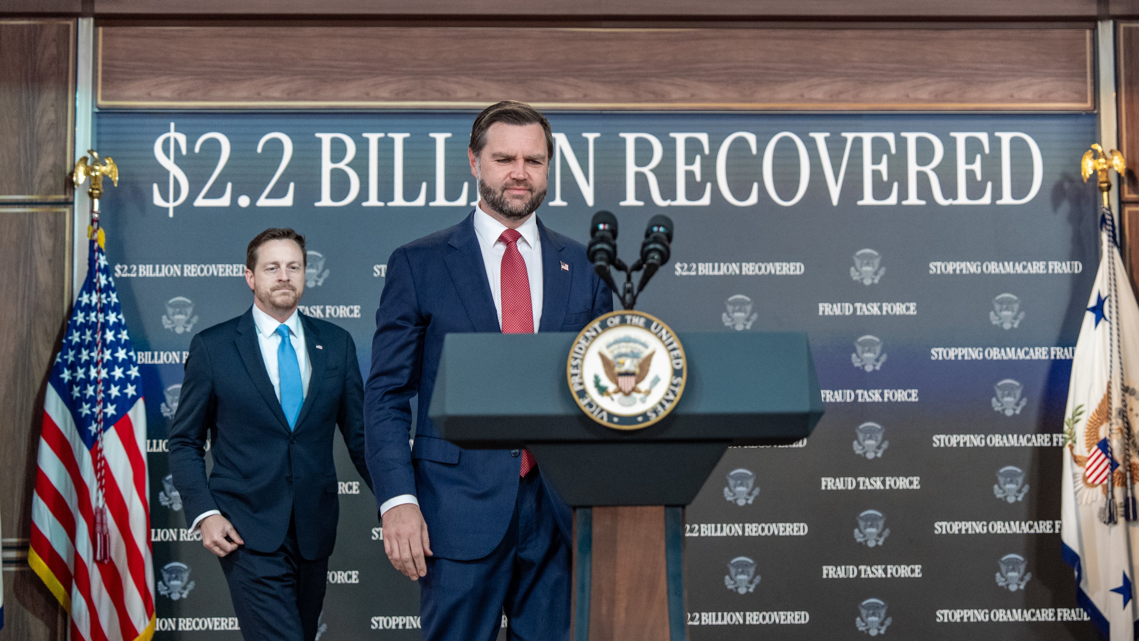 Vice President JD Vance arrives for a news conference, followed by Federal Trade Commission (FTC) Chairman Andrew Ferguson, in the South Court Auditorium in the Eisenhower Executive Office Building on the White House campus, Tuesday, Sept. 22, 2026, in Washington. (AP Photo/Alex Brandon)