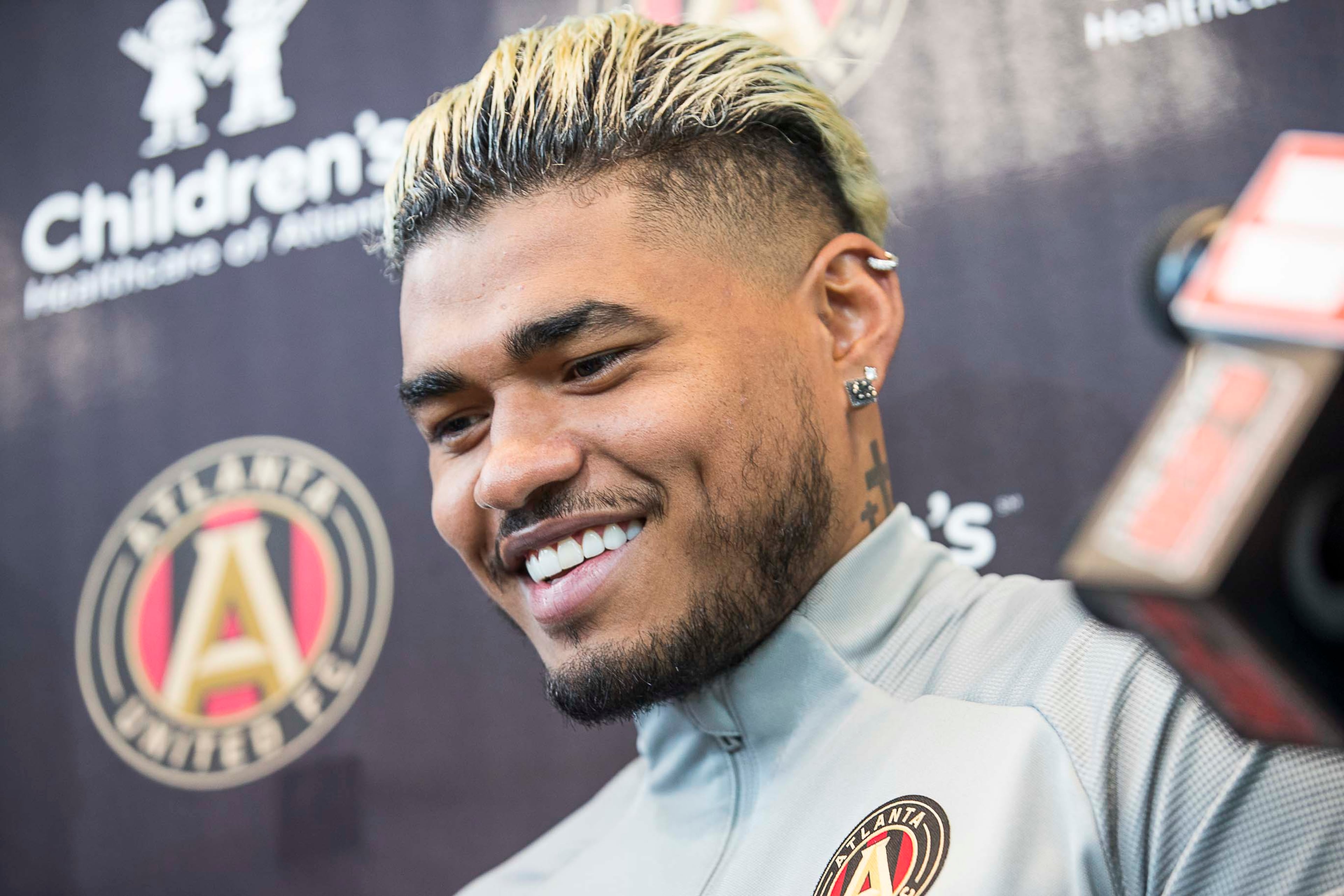 Atlanta United forward Josef Martinez (7) speaks with members of the media following a training with the team Monday, Jan. 13, 2020, at the Children's Healthcare of Atlanta Training Ground in Marietta.