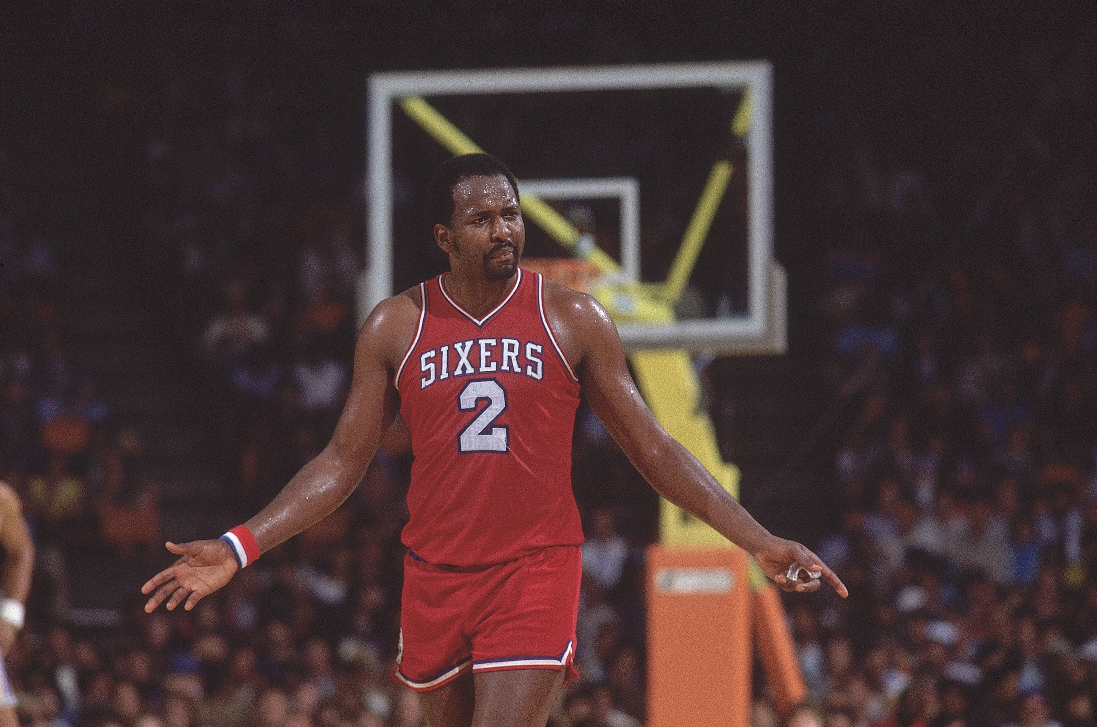UNITED STATES - MAY 31: Basketball: finals, Philadelphia 76ers Moses Malone (2) upset during game vs Los Angeles Lakers, Los Angeles, CA 5/31/1983 (Photo by Peter Read Miller/Sports Illustrated/Getty Images) (SetNumber: X28564 TK1 R4 F8)
