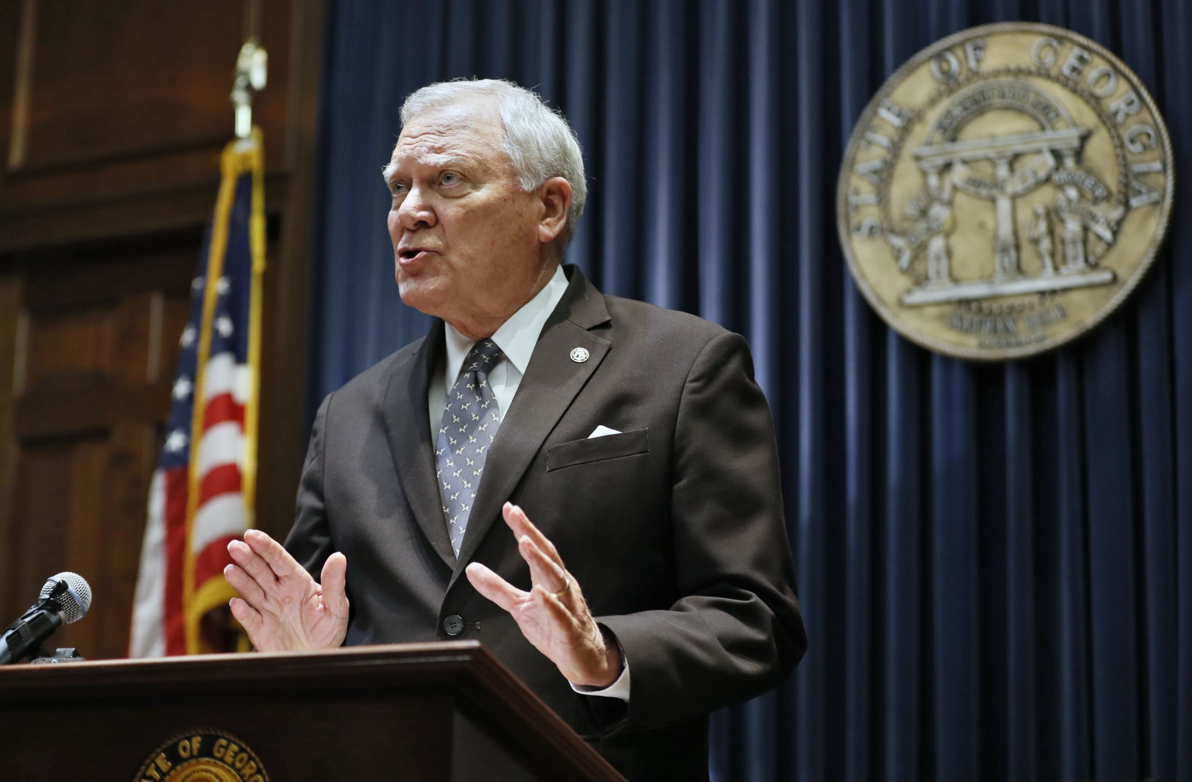 Gov. Nathan Deal held a press conference to address the jet fuel tax cut issue after the Senate Rules Committee stripped the Delta tax cut from legislation. BOB ANDRES /BANDRES@AJC.COM