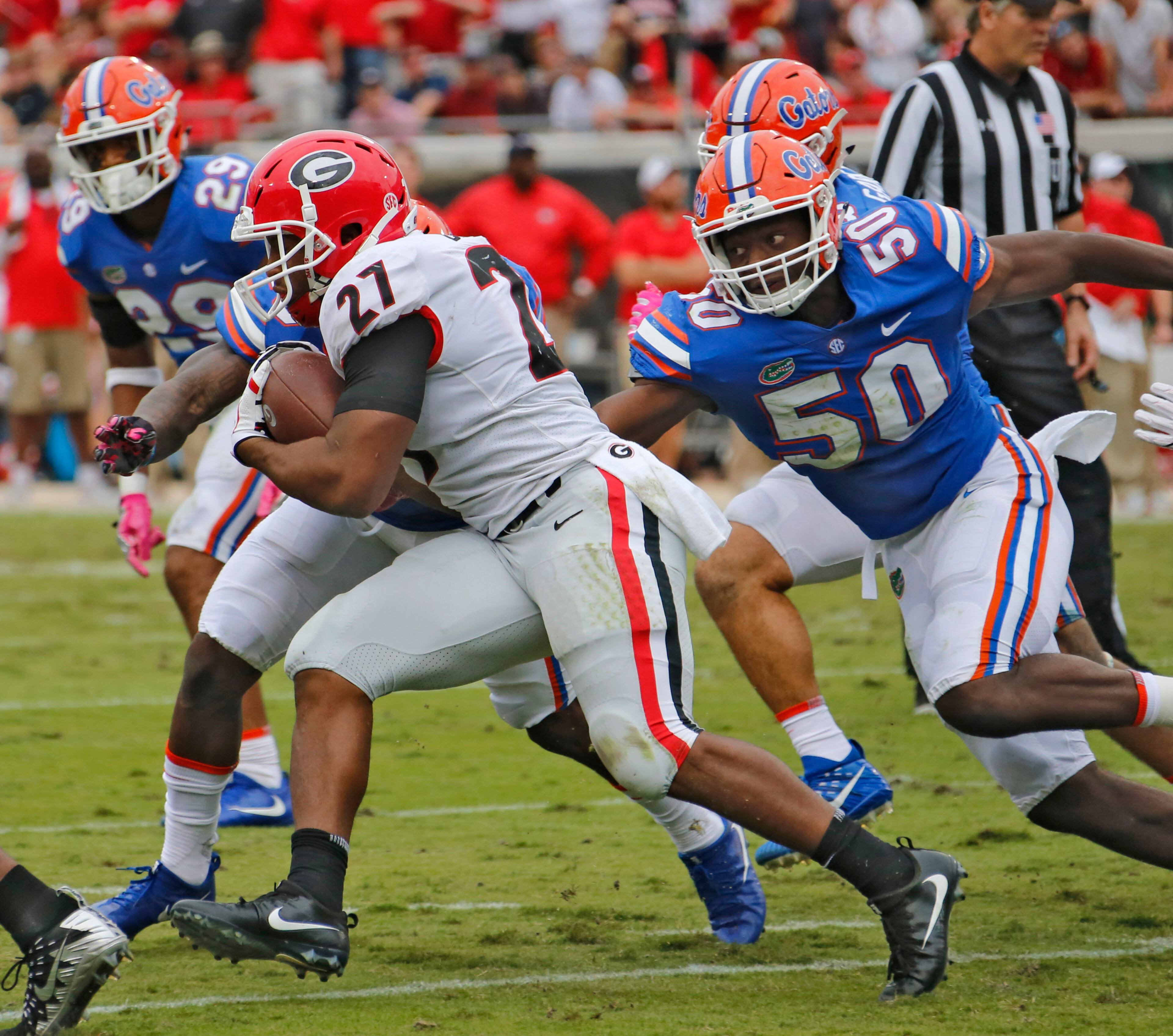 10/28/17 - Jacksonville, FL - Georgia Bulldogs running back Nick Chubb (27) during first half action. NCAA football game between Georgia and Florida at EverBank Field in Jacksonville. BOB ANDRES /BANDRES@AJC.COM