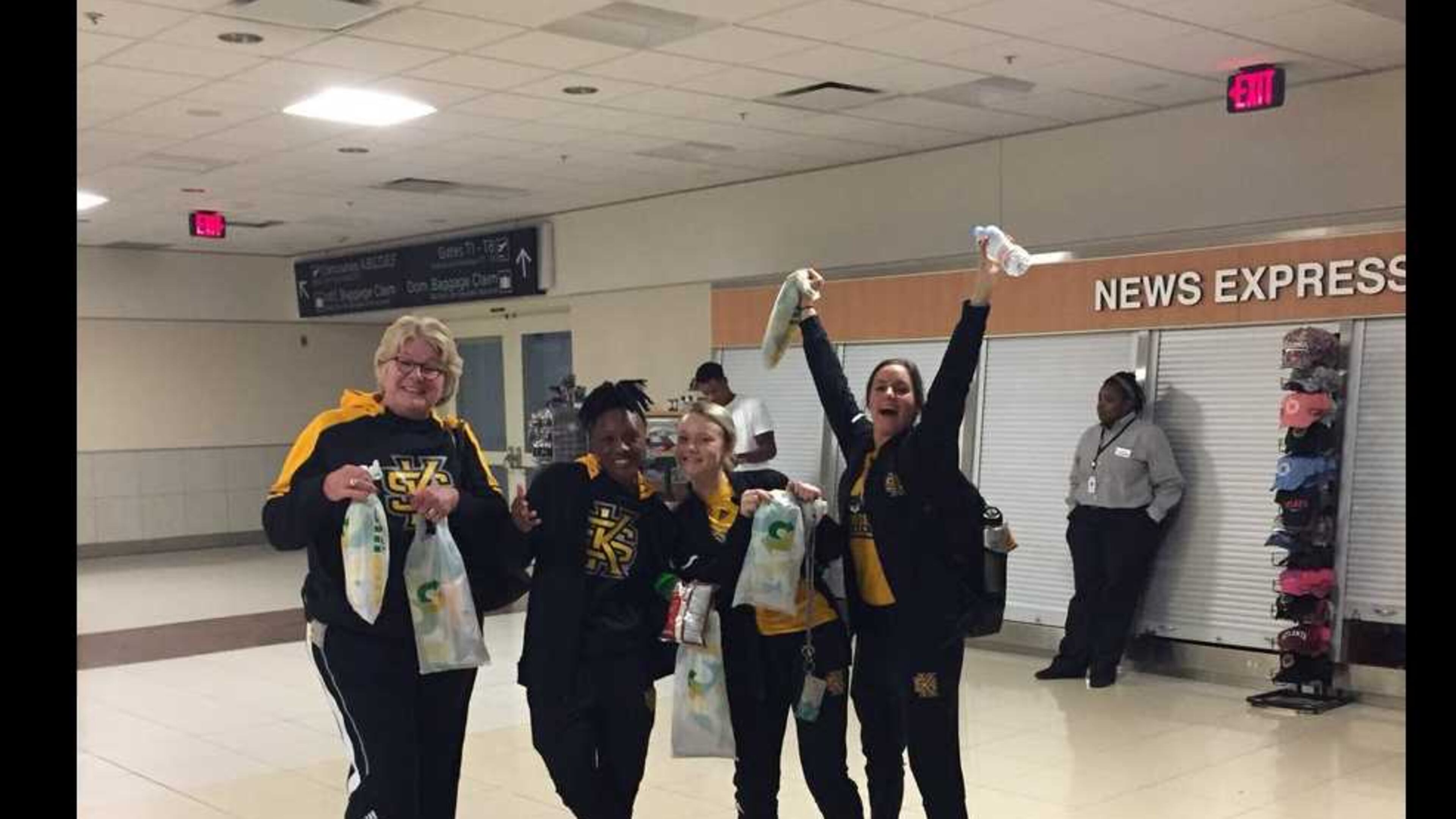 Members of the Kennesaw State University women's basketball team make the most of their time stuck during Sunday's power outage at Hartsfield-Jackson Atlanta International Airport. PHOTO CREDIT: KENNESAW STATE UNIVERSITY