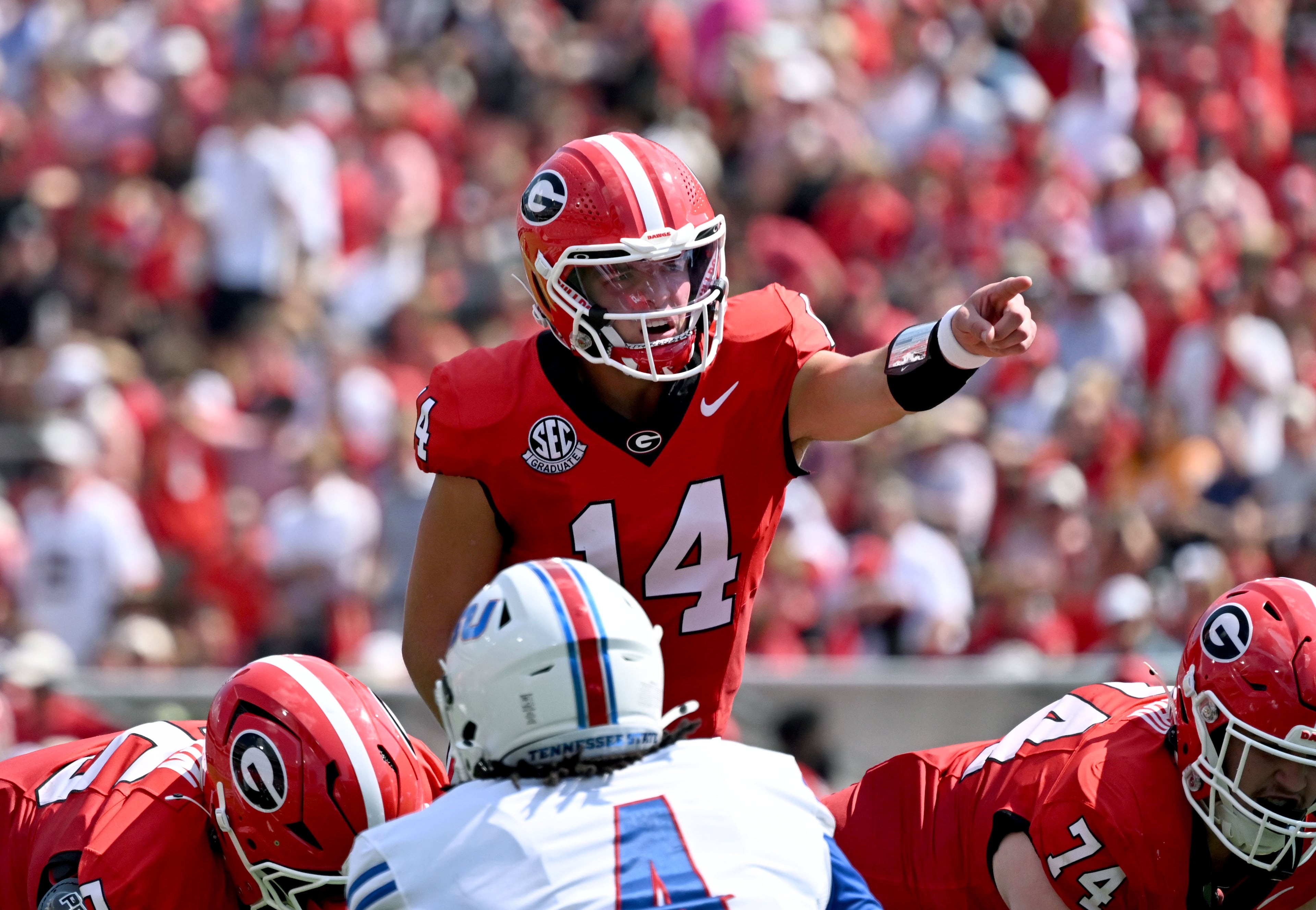 Georgia quarterback Gunner Stockton shouts instructions during the first half in an NCAA football game vs. Tennessee State at Sanford Stadium on Saturday, Sept. 5, 2026, in Athens, Ga. (Hyosub Shin/AJC)