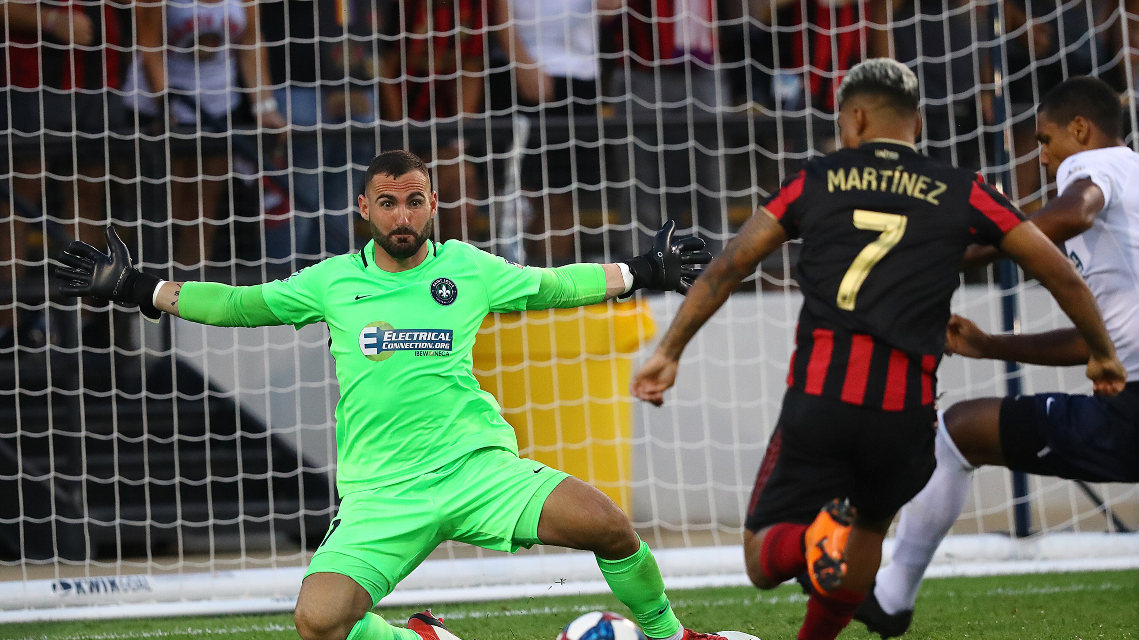 July 10, 2019 Kennesaw: St. Louis goalkeeper Tomas Gomez blocks a shot by Atlanta United midfielder Josef Martinez in a U.S. Open Cup quarterfinals soccer match on Wednesday, July 10, 2019, in Kennesaw. Curtis Compton/ccompton@ajc.com