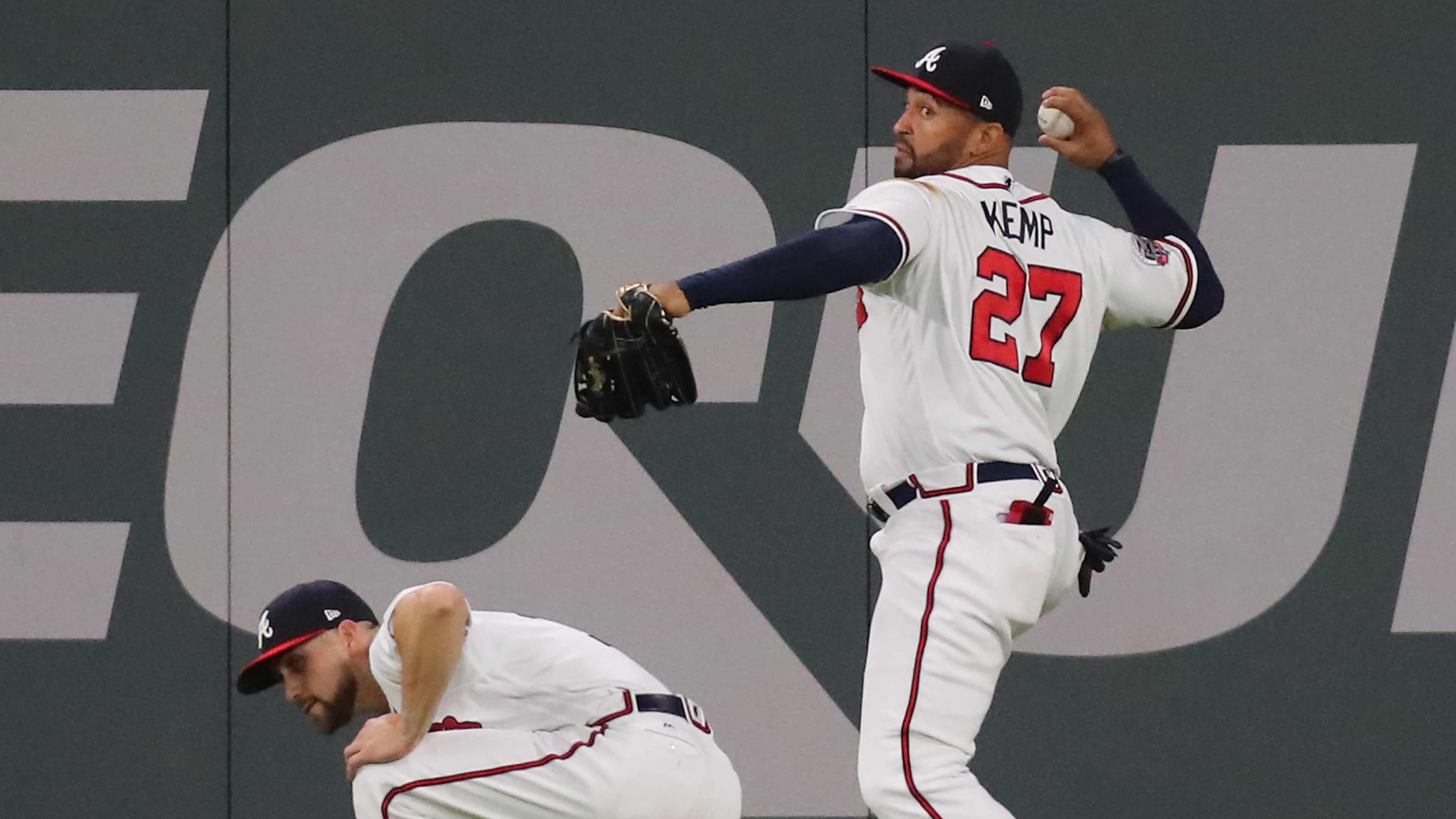 May 3, 2017, Atlanta: Atlanta Braves Ender Inciarte ducks to give Matt Kemp a clear throw on New York Mets Jose Reyes 3-RBI double to take a 12-5 lead over the Atlanta Braves during the 8th inning of a MLB baseball game on Wednesday, May 3, 2017, in Atlanta. Curtis Compton/ccompton@ajc.com