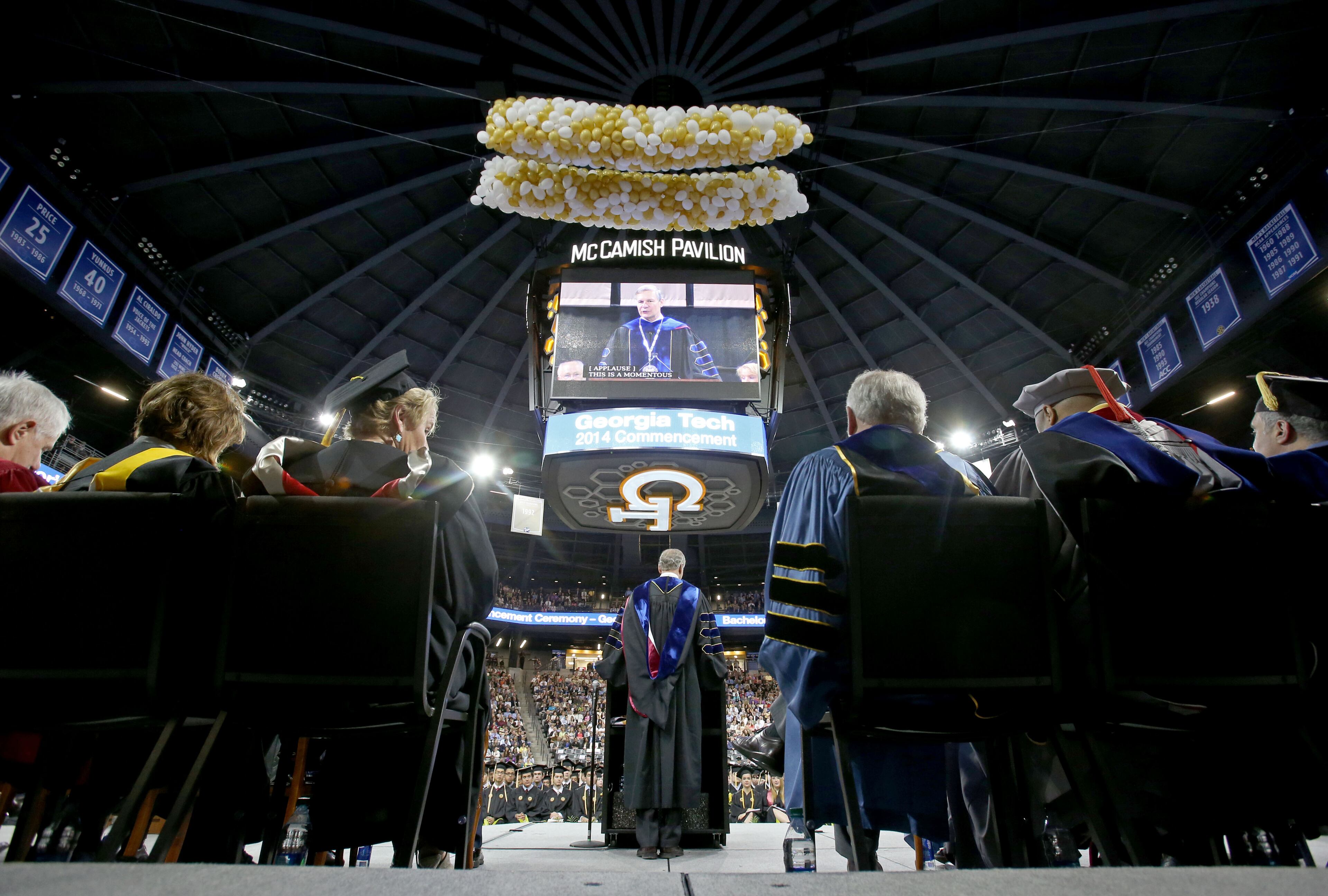 Georgia Tech President Bud Peterson speaks during the Bachelor's morning ceremony of Spring 2014 Commencement at the McCamish Pavilion Saturday morning May 3, 2014 in Atlanta, Ga. (Photo/Jason Getz)