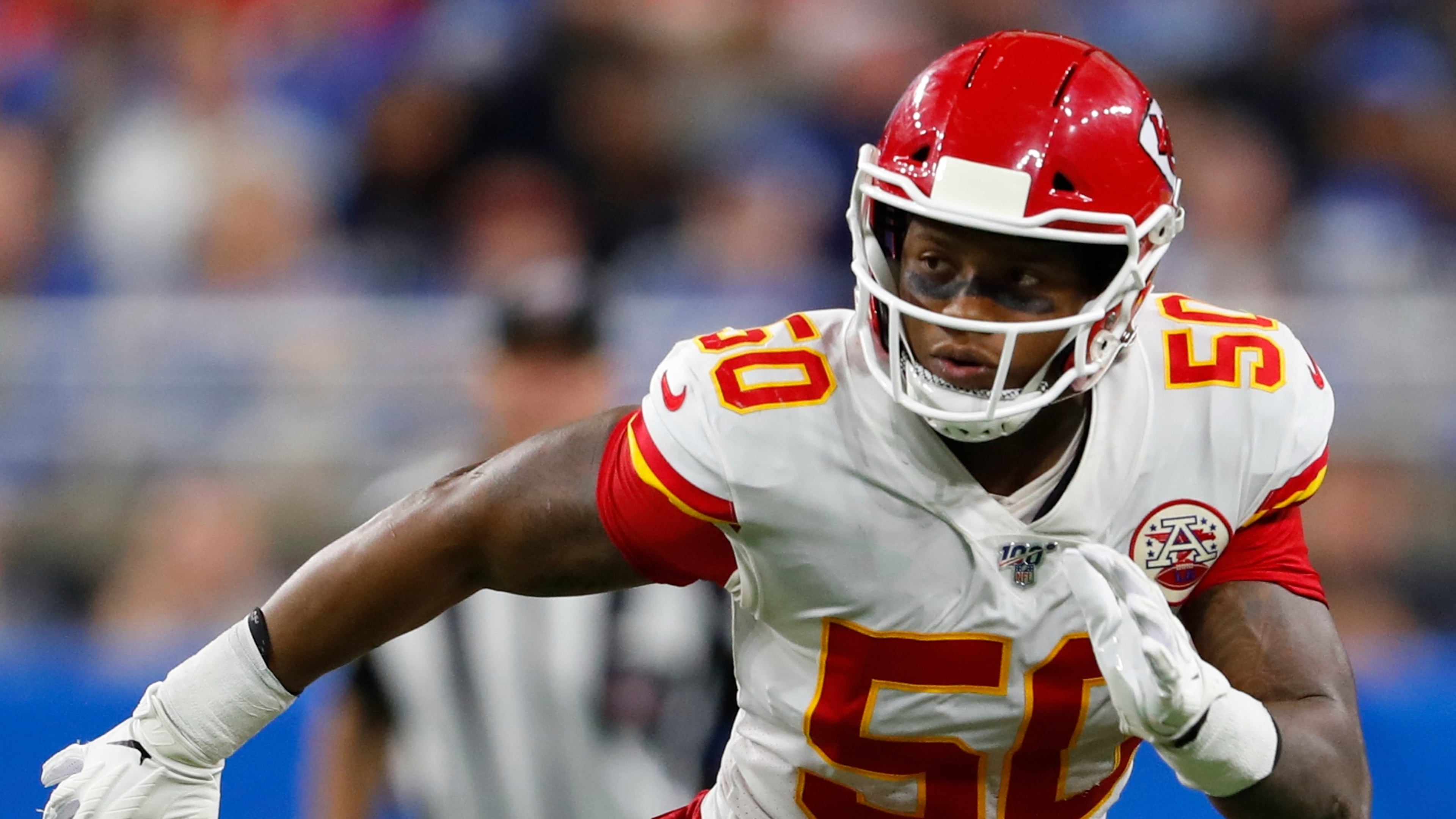 FILE - Kansas City Chiefs inside linebacker Darron Lee (50) plays against the Detroit Lions during an NFL football game in Detroit, Sept. 29, 2019. (AP Photo/Paul Sancya, File)