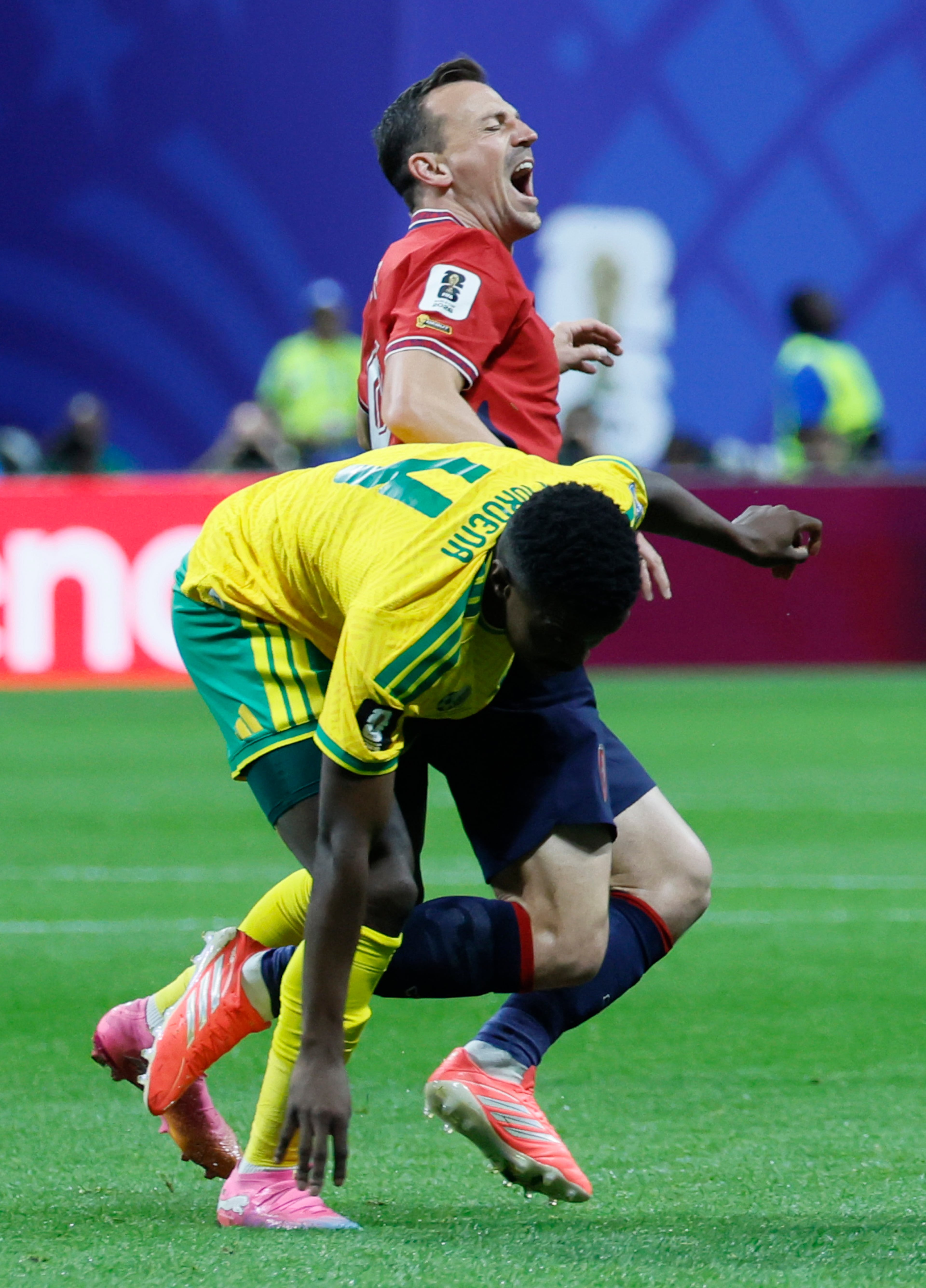 South Africa's Teboho Mokoena (bottom) and Czechia's Vladimir Darida fight for the ball during the first half of the Czechia vs. South Africa World Cup match at Atlanta Stadium on Thursday, June 18, 2026. (Miguel Martinez/AJC)