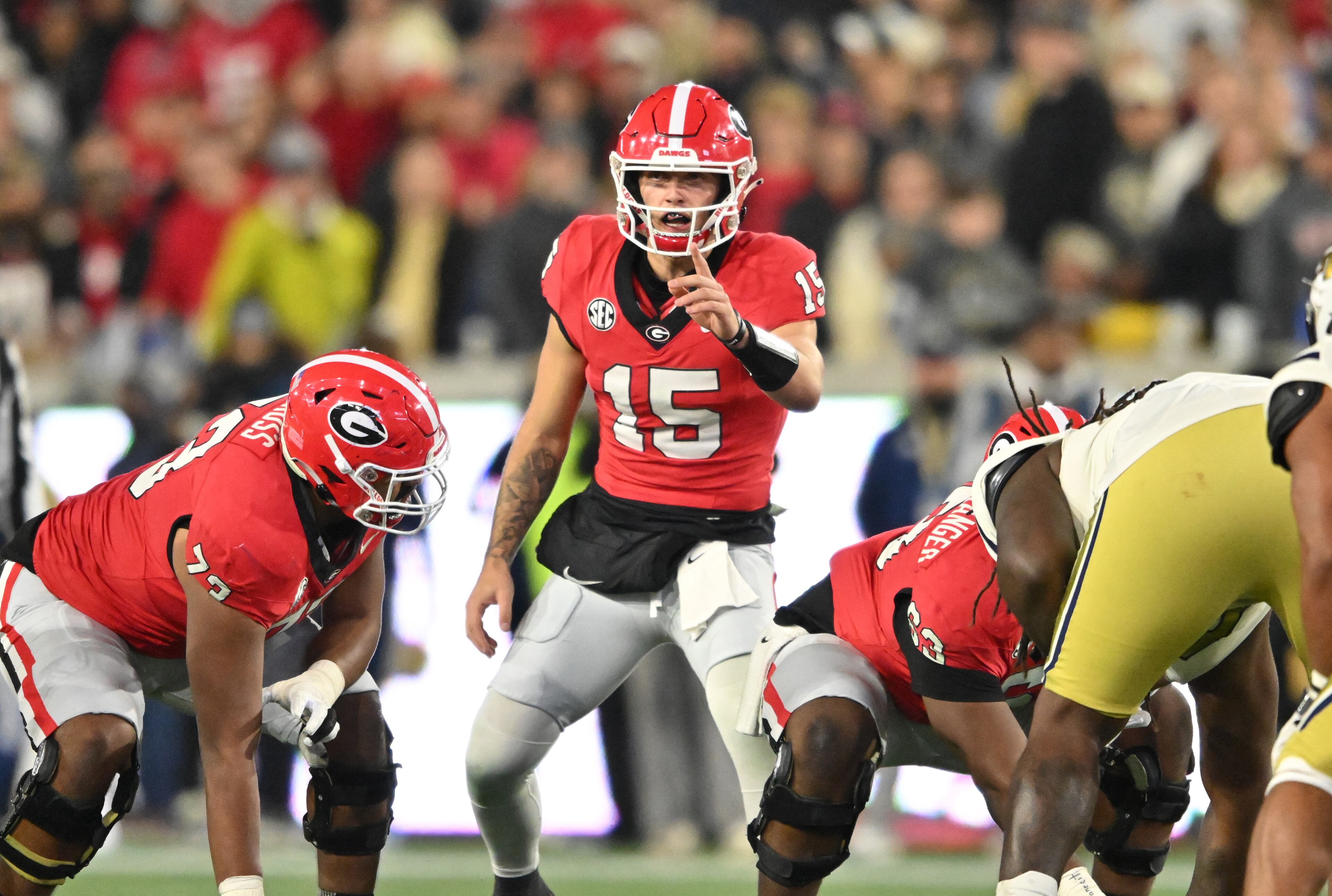 Georgia quarterback Carson Beck (15) shouts instructions during the second half of an NCAA college football game at Georgia Tech's Bobby Dodd Stadium, Saturday, November 25, 2023, in Atlanta. Georgia won 31-23 over Georgia Tech. (Hyosub Shin / Hyosub.Shin@ajc.com)