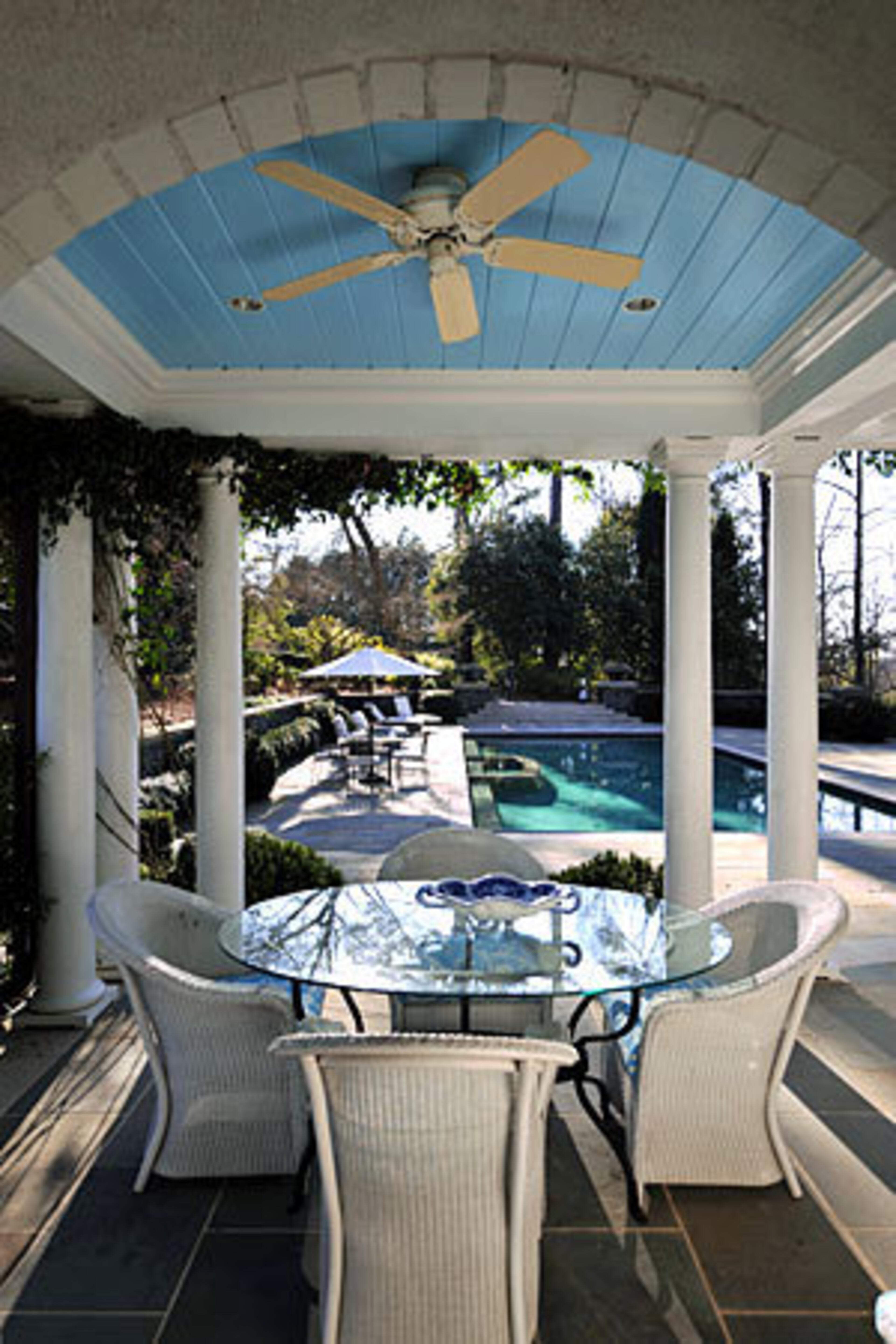 MORE ESSENTIAL ELEMENTS: The pool house should be designed around its function with comfortable seating, a bathroom and/or shower and food service facilities. In addition, the shape and materials of the pool, patio and outbuilding should provide a pleasing extension of the house and the surrounding property.