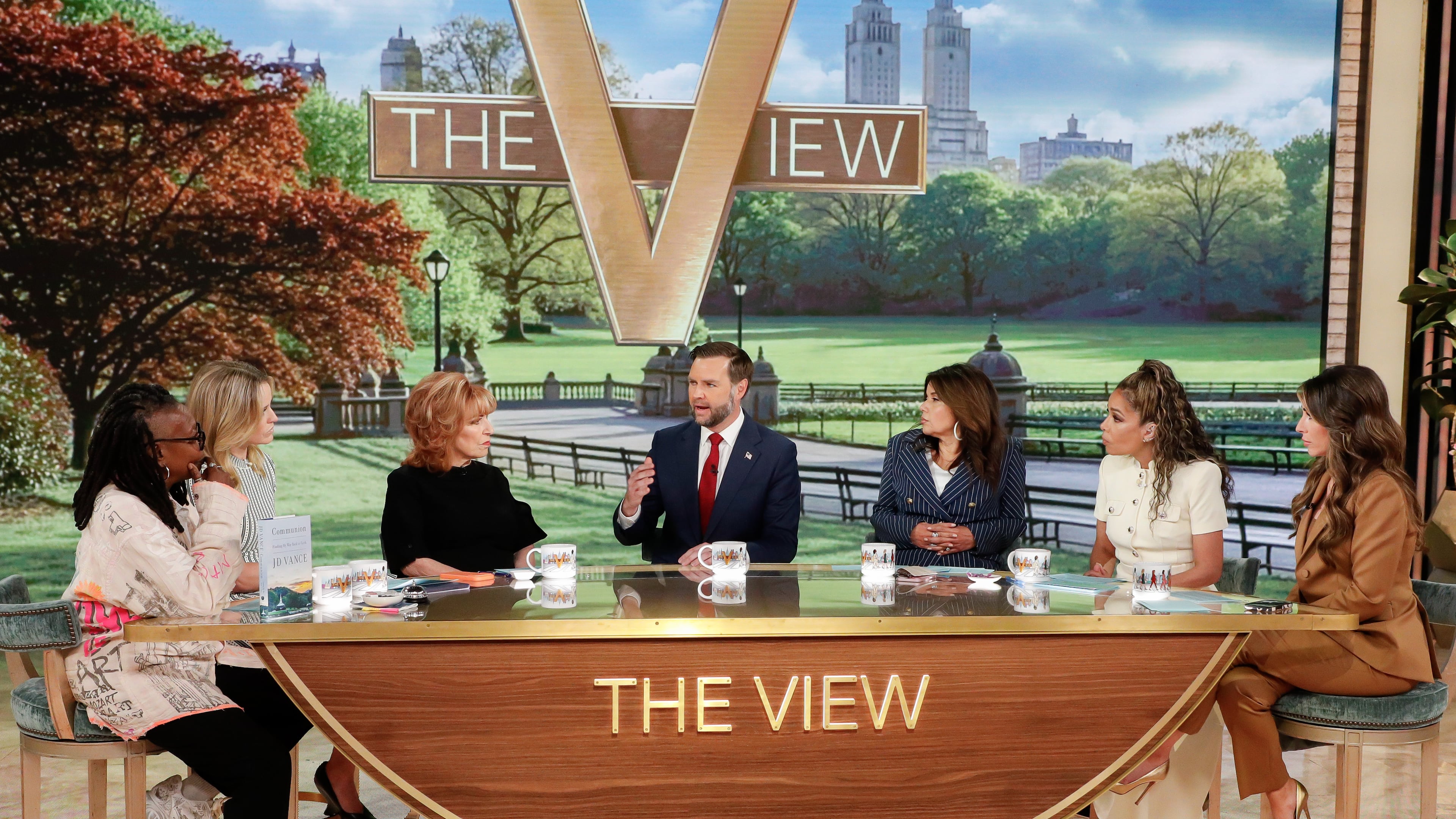 This image released by ABC shows Vice President JD Vance, center, with co-hosts, from left, Whoopi Goldberg, Sara Haines, Joy Behar, Ana Navarro, Sunny Hostin and Alyssa Farah Griffin during an appearance on "The View" in New York on Tuesday, June 16, 2026. (Lou Rocco/ABC via AP)