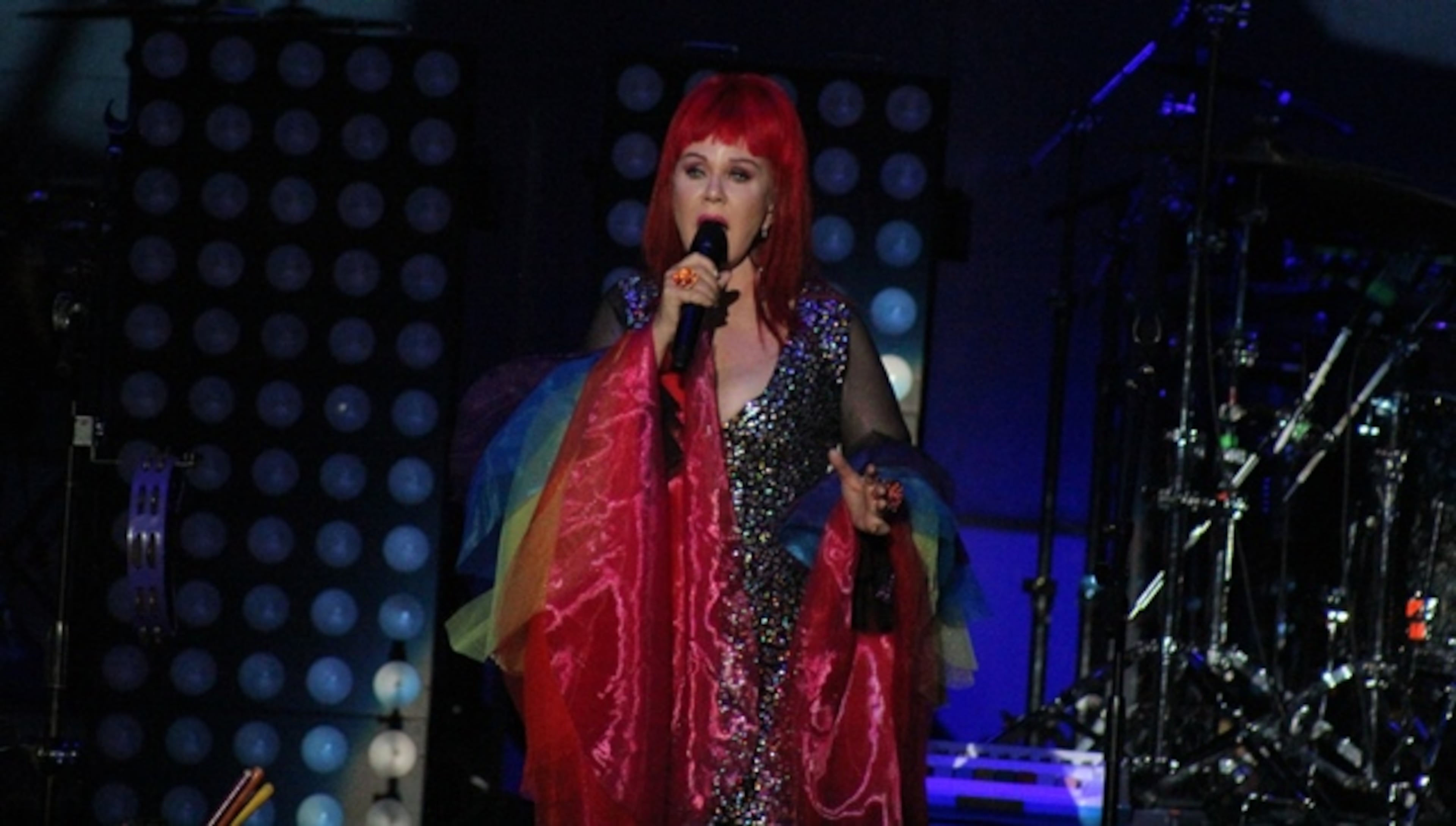The B-52s (Kate Pierson shown) joined Culture Club and Tom Bailey of The Thompson Twins for a rainy, sold-out show at State Bank Amphitheatre at Chastain Park on July 22, 2018. Photo: Melissa Ruggieri/AJC