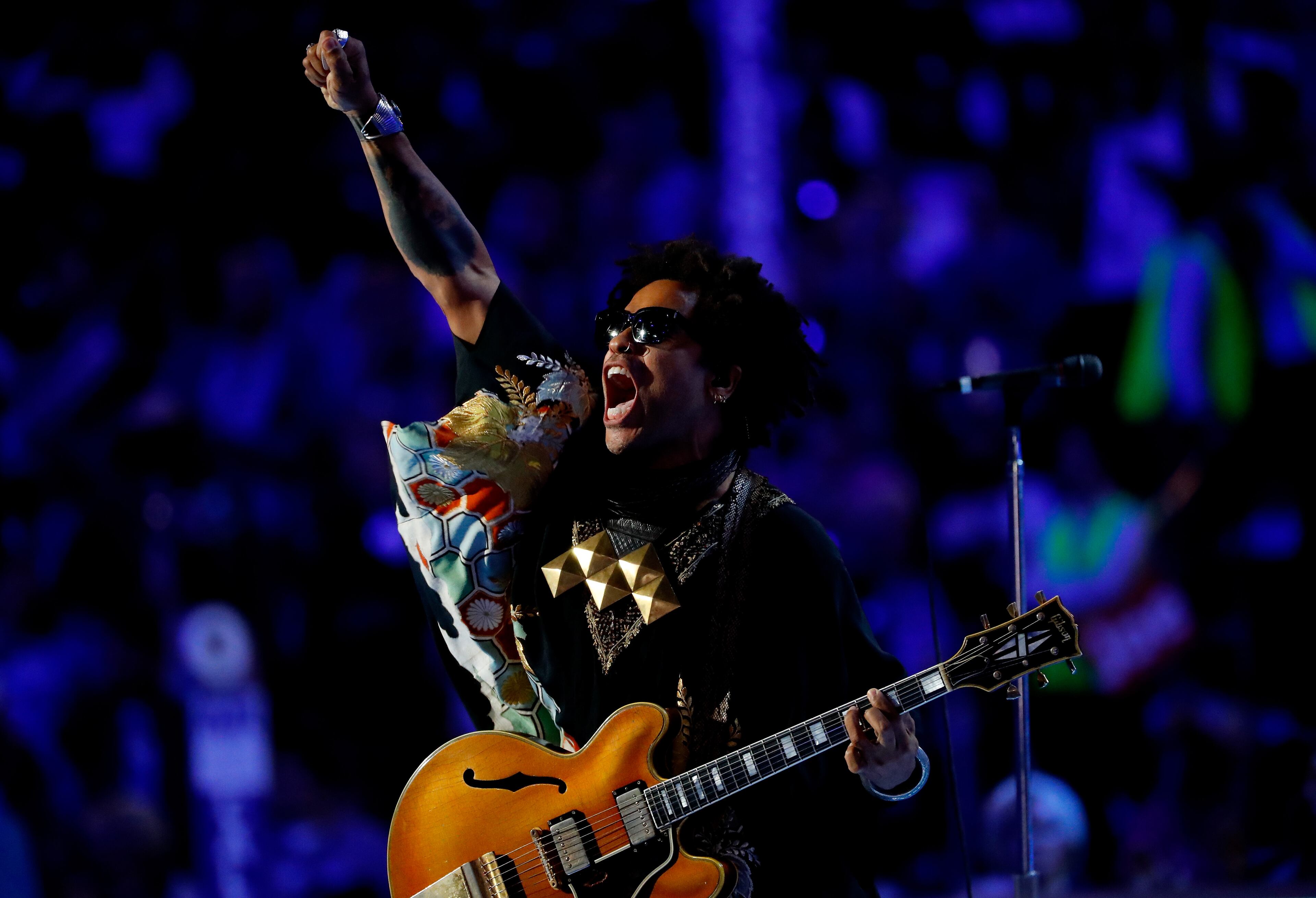 Recording artist Lenny Kravitz performs during the evening session on the third day of the Democratic National Convention at the Wells Fargo Center, July 27, 2016 in Philadelphia. (Photo by Aaron P. Bernstein/Getty Images)