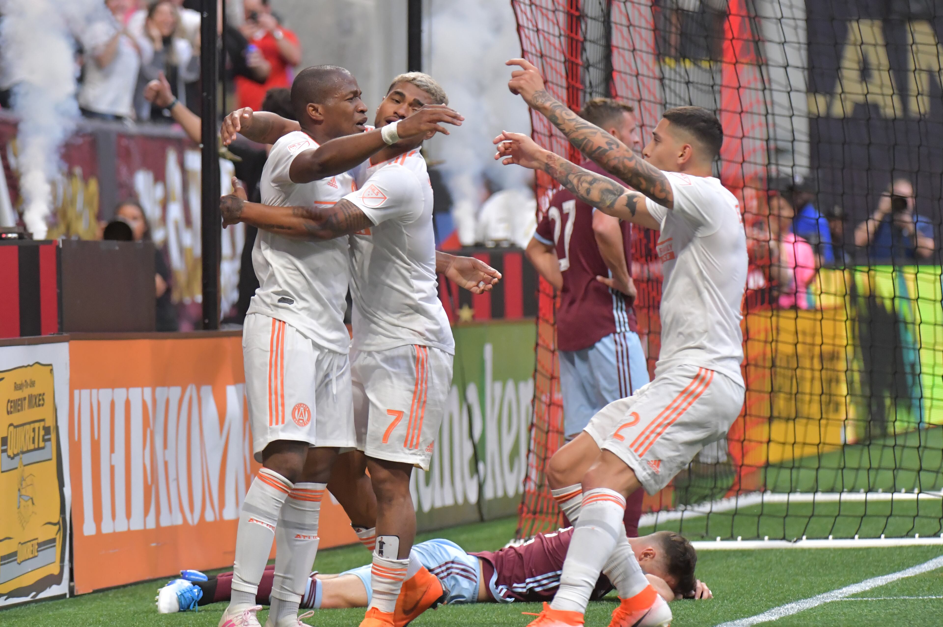 April 27, 2019 Atlanta - Atlanta United Leandro Gonzalez (5) and Josef Martinez (7) celebrate after Atlanta United Julian Gressel (24) scored a goal assisted by Leandro Gonzalez (5) during the second half in a MLS soccer match at Mercedes-Benz Stadium in Atlanta on Saturday, April 27, 2019. Atlanta United won 1-0 over the Colorado Rapids. HYOSUB SHIN / HSHIN@AJC.COM