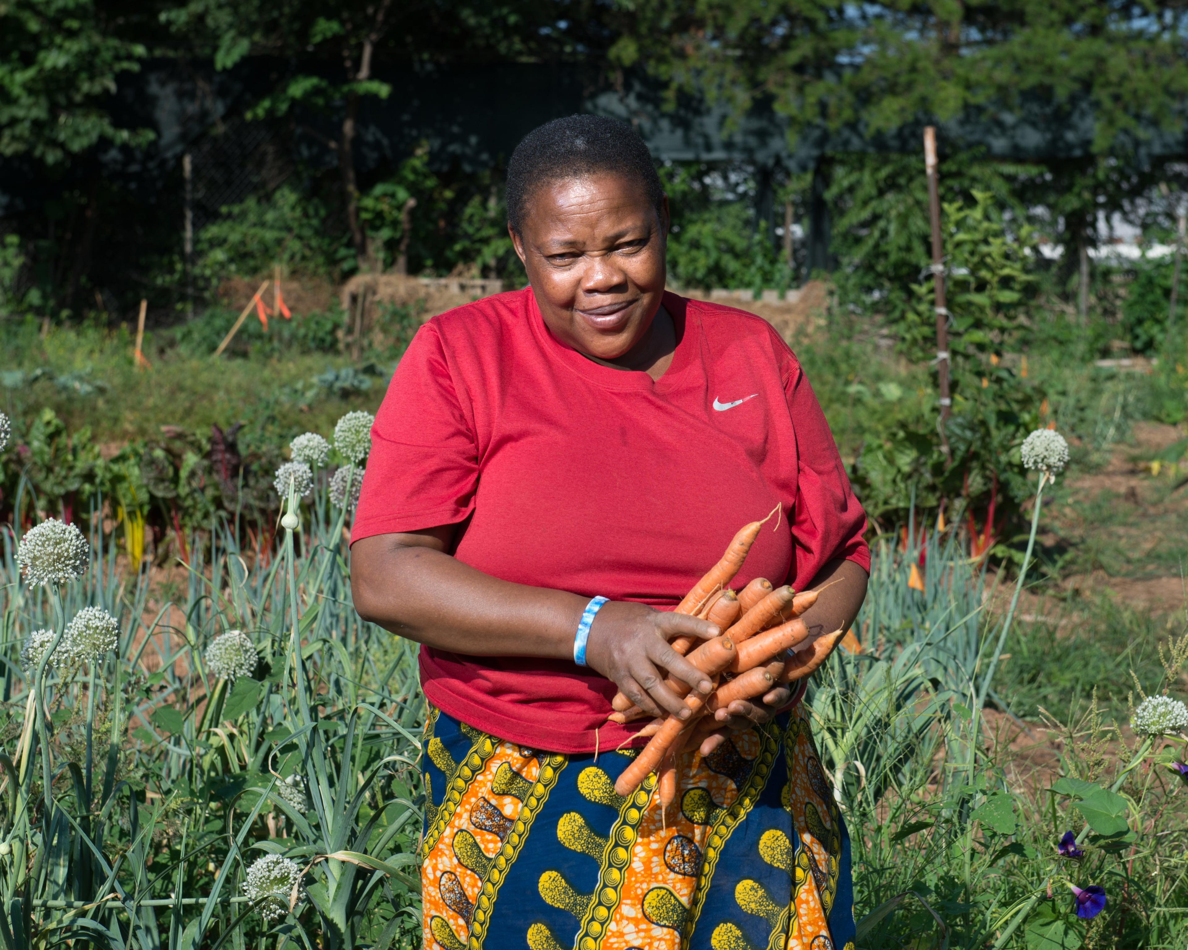 Halieth Hatungimana, one of Global Growers farmers who is originally from Burundi, with carrots she harvested at Burundi Women's Farm in Decatur on Saturday, July 5, 2014. HYOSUB SHIN / HSHIN@AJC.COM