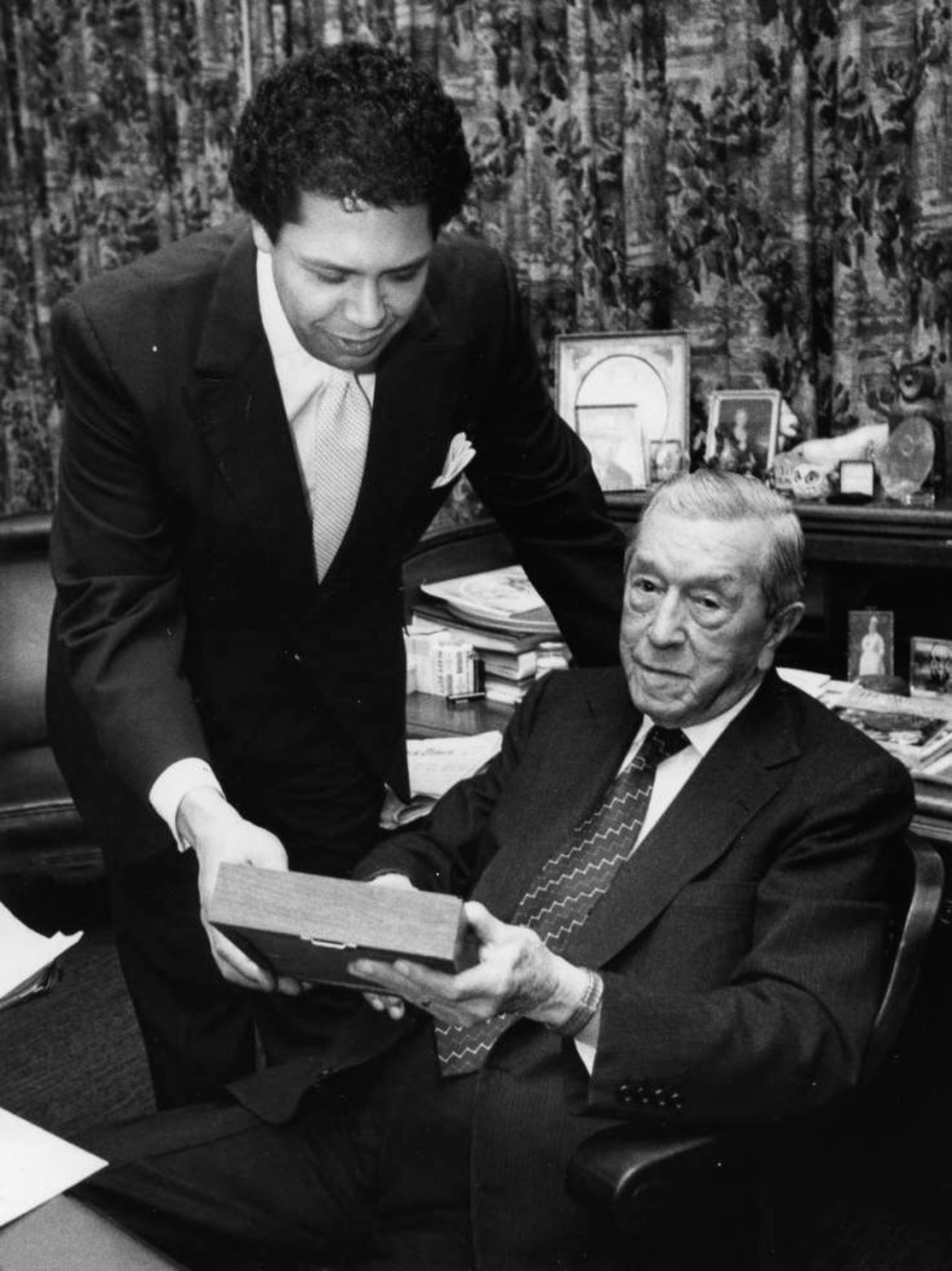 Coca-Cola magnate Robert W. Woodruff, right, receives Atlanta's Mayor's Medal from Mayor Maynard Jackson, Atlanta, Georgia, March 30, 1978. Woodruff died in 1985 at age 95.