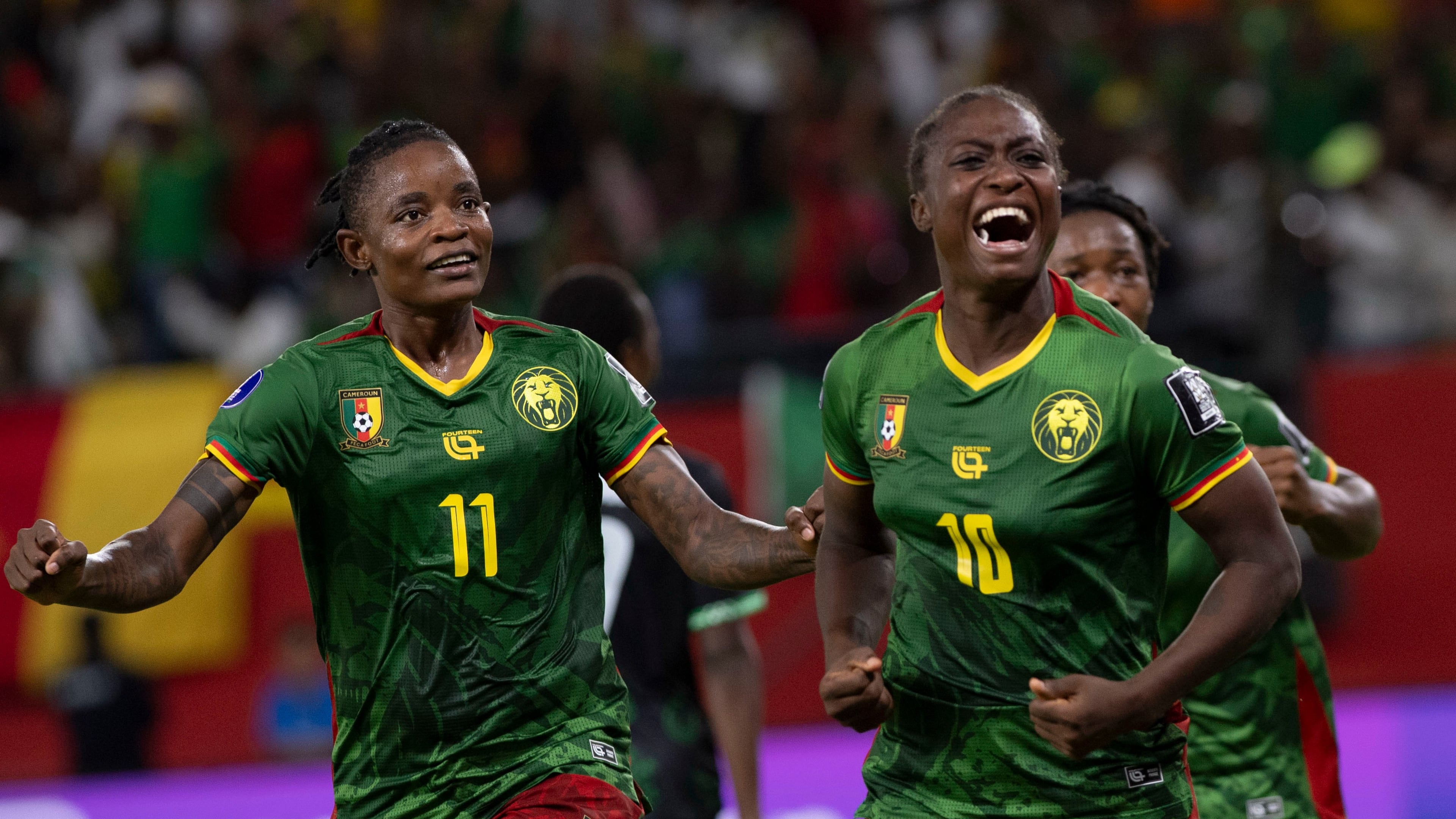 Cameroon's Naomi Leslie Ndjoah Eto, right, celebrates after scoring her team's second goal against Malawi during the Women AFCON 2026 final soccer match, in Rabat, Morocco, Sunday, Aug. 16, 2026. (AP Photo)