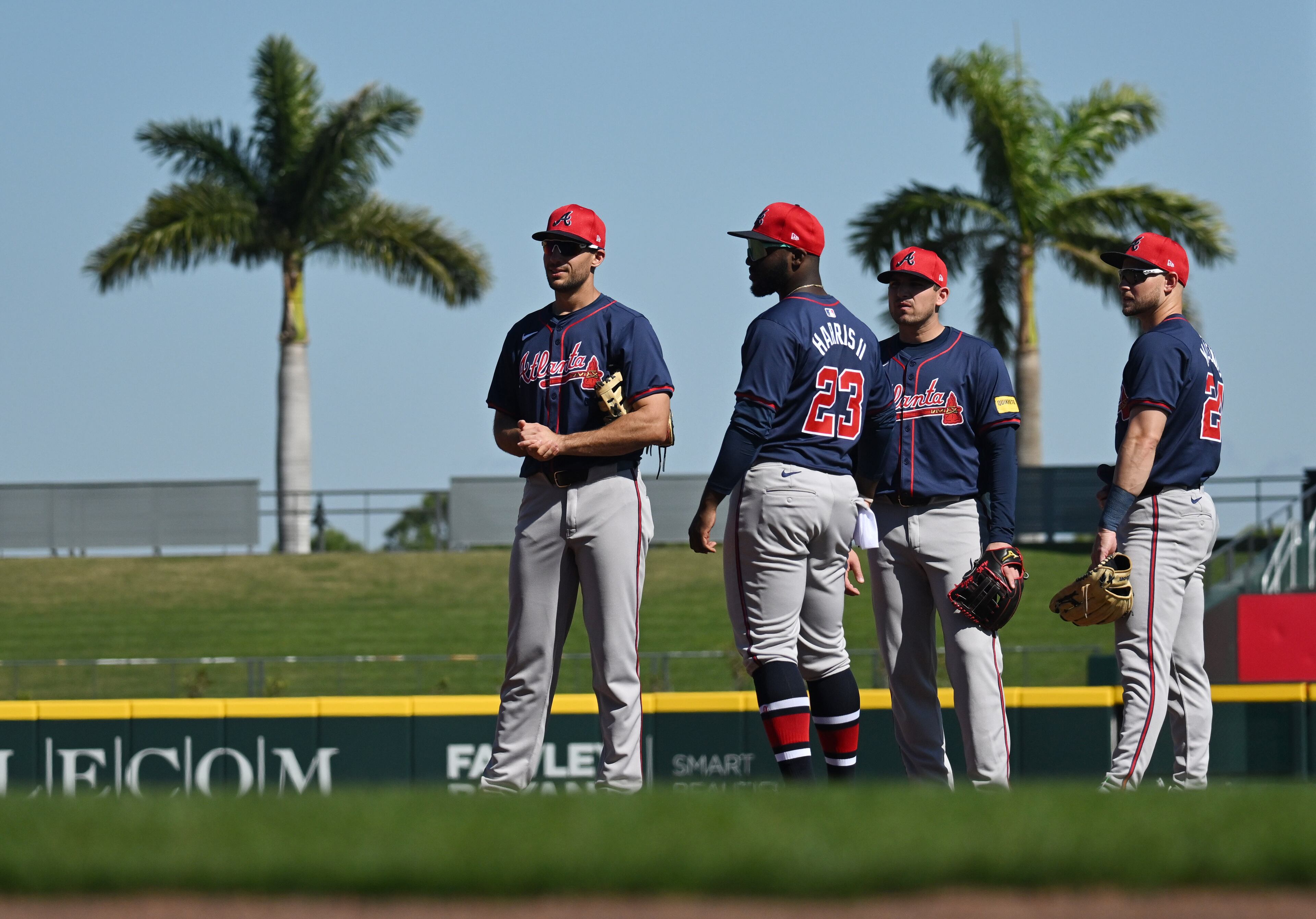 Atlanta Braves first baseman Matt Olson (from left), center fielder Michael Harris II, third baseman Austin Riley and left fielder Jarred Kelenic chat during spring training workouts at CoolToday Park, Friday, Feb. 23, 2024, in North Port, Florida. (Hyosub Shin / Hyosub.Shin@ajc.com)
