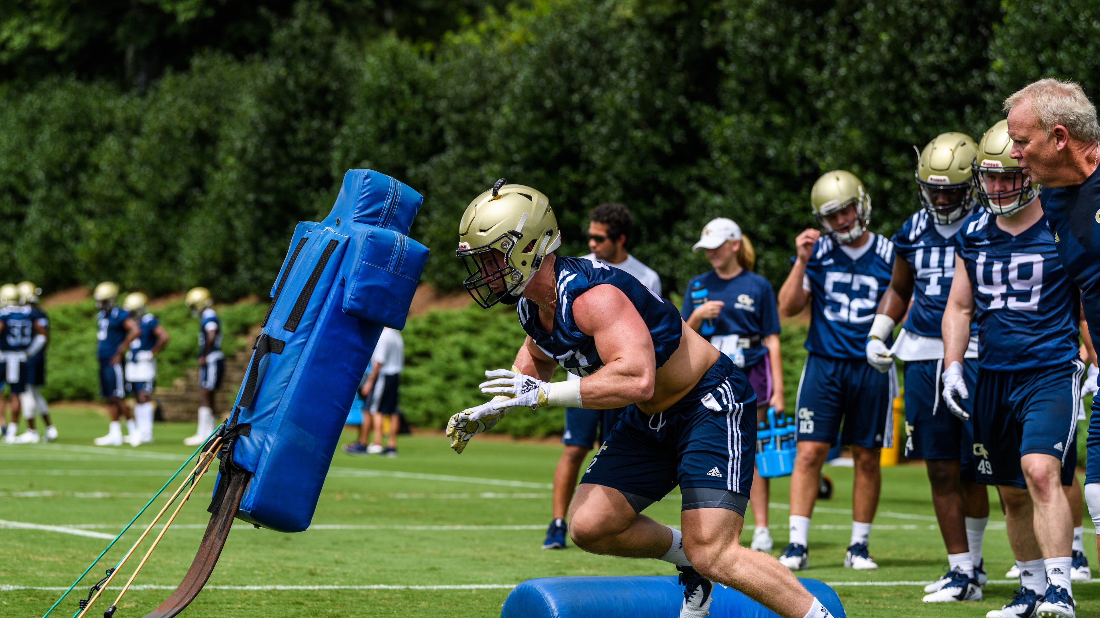 Georgia Tech linebacker David Curry in preseason practice on August 4, 2018. (Danny Karnik/Georgia Tech Athletics)