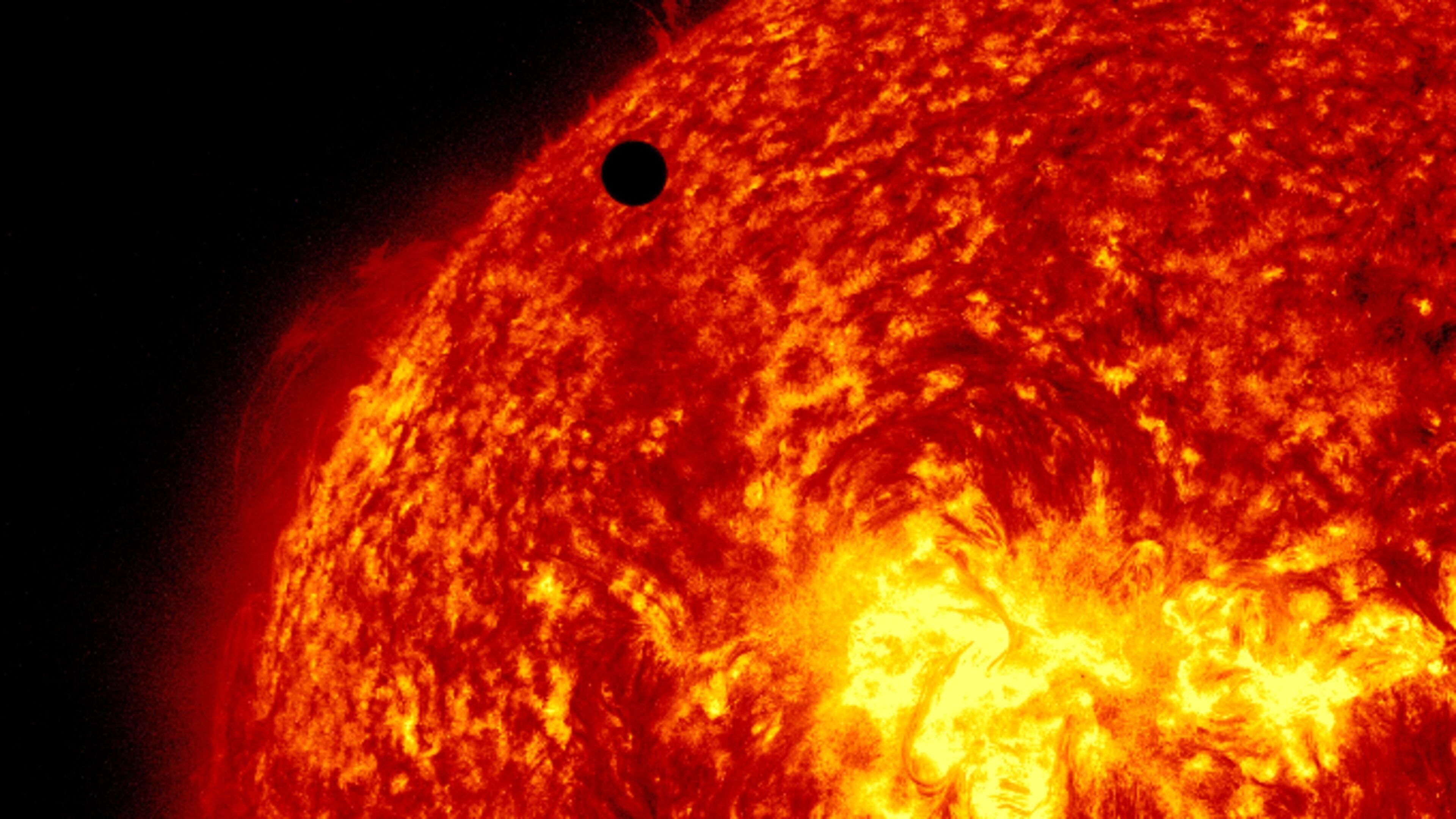 In this handout image provided by NASA, the SDO satellite captures a ultra-high definition image of the Transit of Venus across the face of the sun at on June 5, 2012 from space.