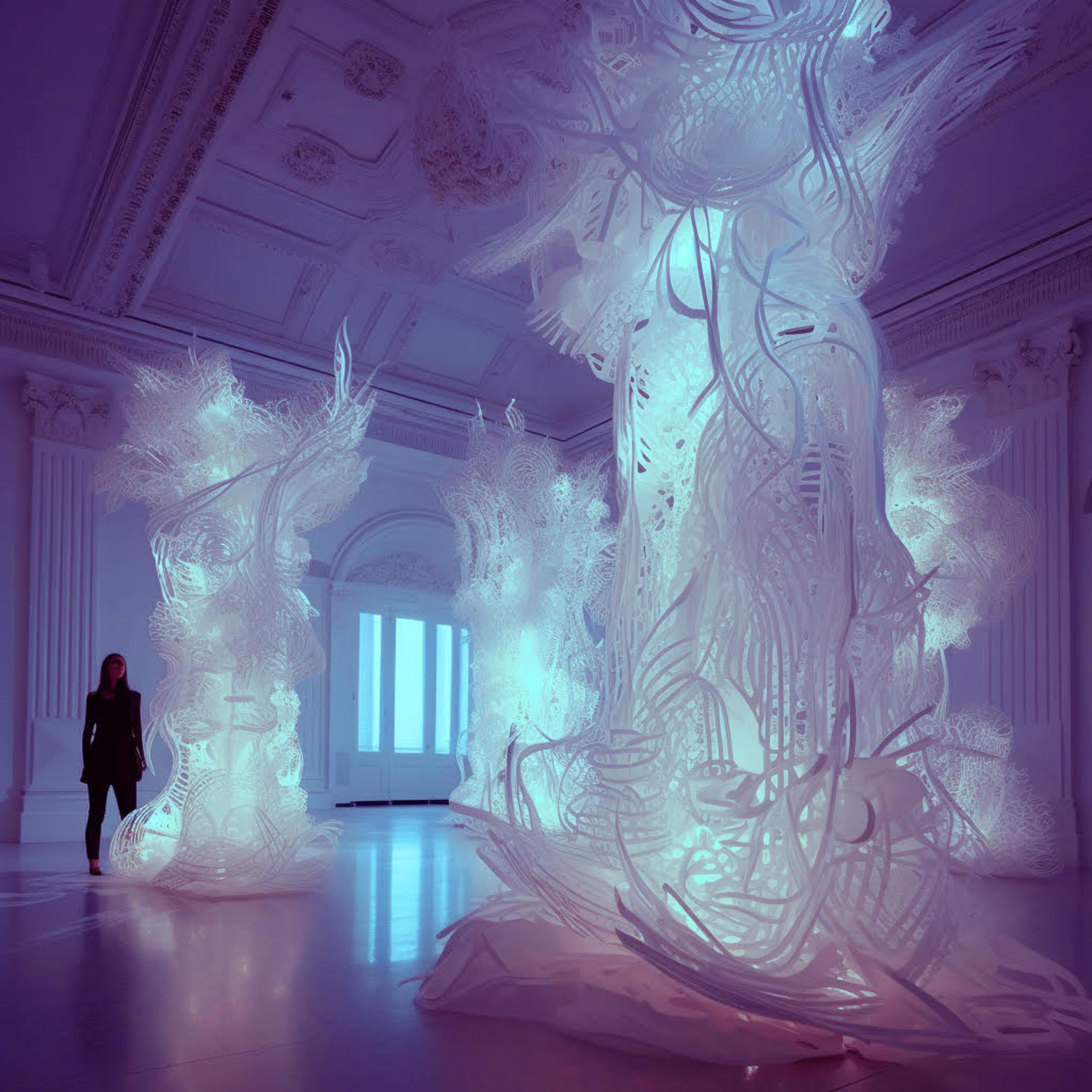 Ginn believes there could be answers in art to plastic pollution -- with the help of a fungi that eats away at sculpture fabricated in plastic (shown in this conceptual rendering), turning it into organic jewelry.