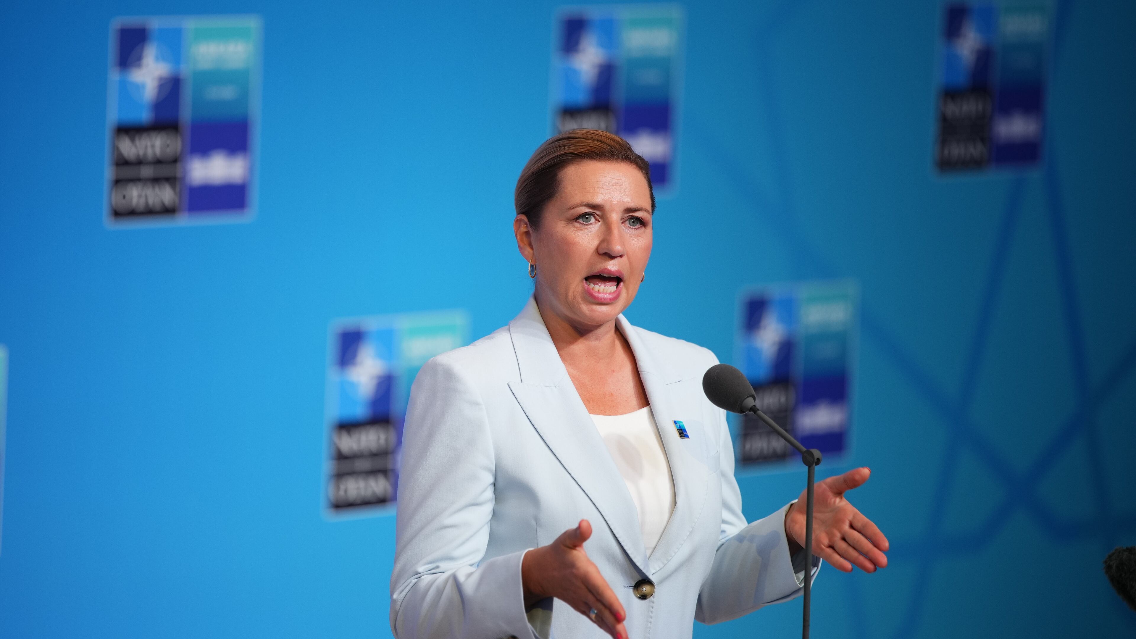 Denmark's Prime Minister Mette Frederiksen speaks as she arrives for the NATO summit in Ankara, Turkey, Wednesday, July 8, 2026. (AP Photo/Emrah Gurel)