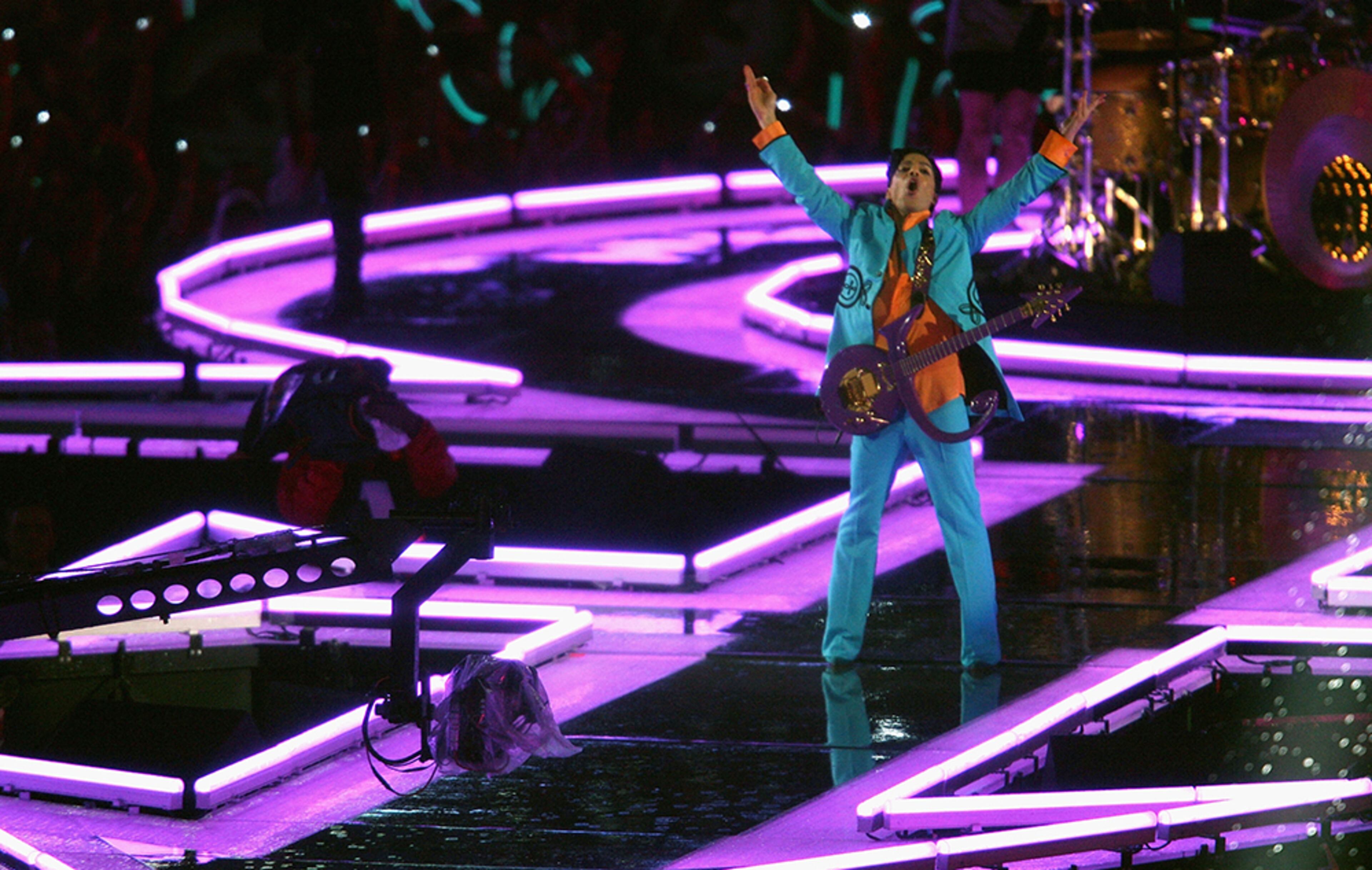 Prince performs during the "Pepsi Halftime Show" at Super Bowl XLI between the Indianapolis Colts and the Chicago Bears on February 4, 2007 at Dolphin Stadium in Miami Gardens, Fla.