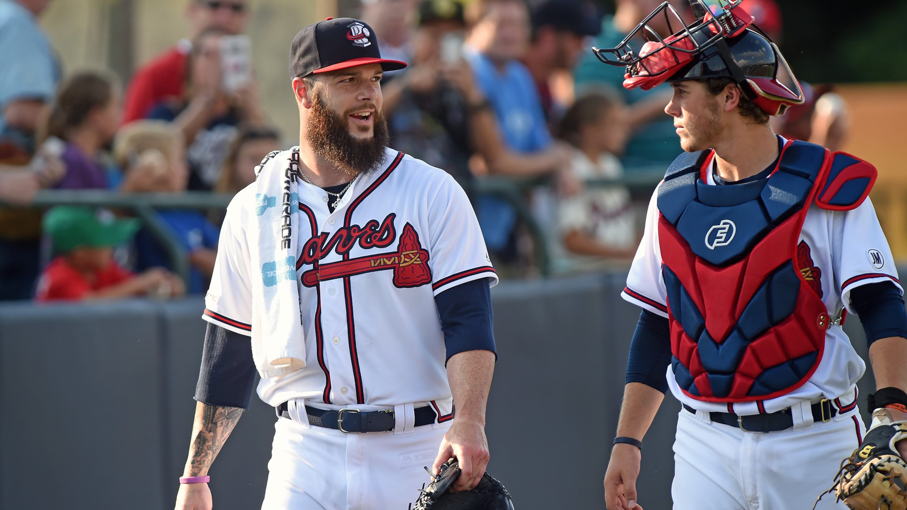 Dallas Keuchel and Rome Braves catcher Logan Brown during Monday's game. (Photo courtesy of Brian McLeod/
MiLB.com).