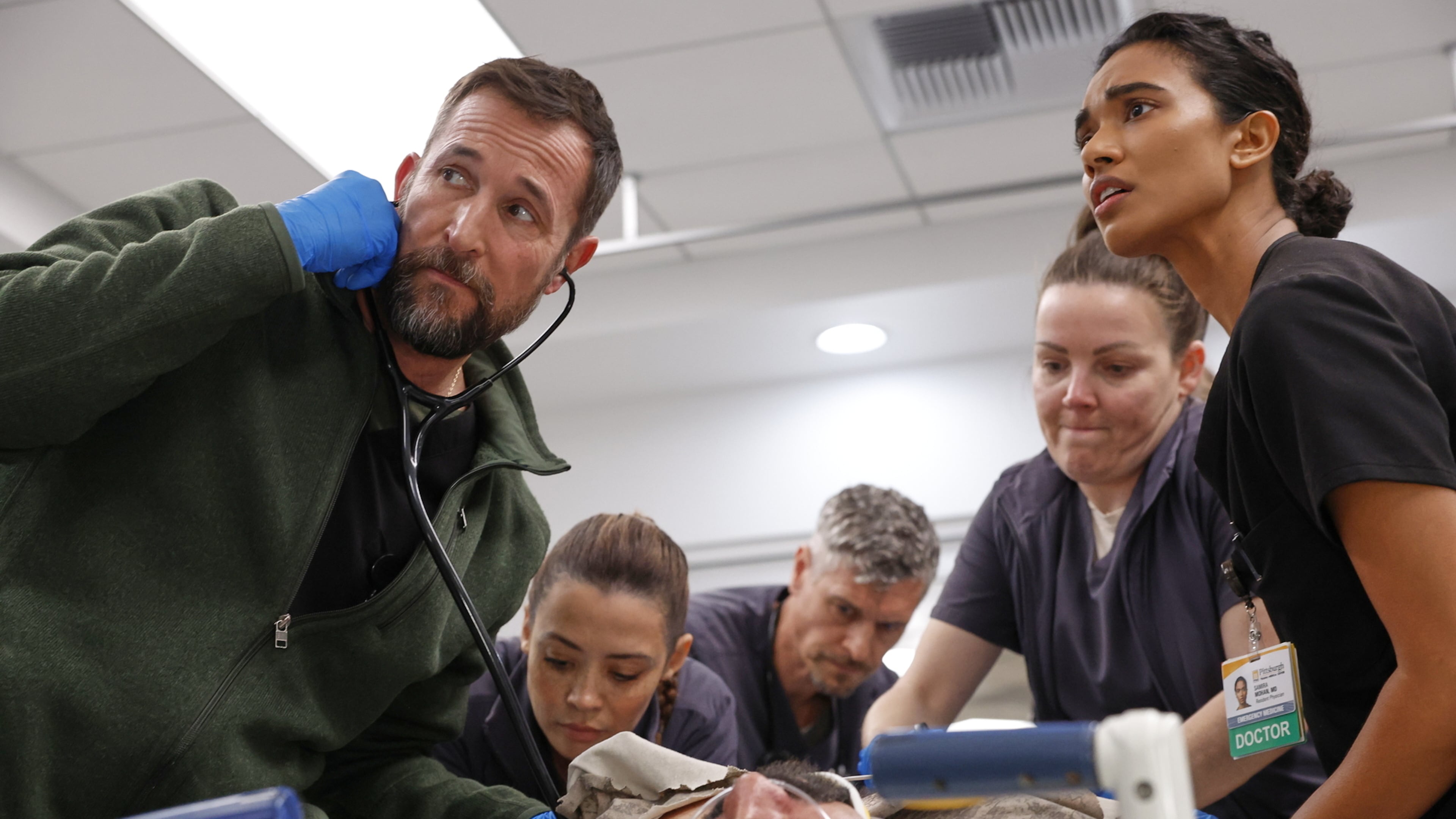 This image released by HBO Max shows Noah Wyle, left, in a scene from "The Pitt." (Warrick Page/HBO Max via AP)