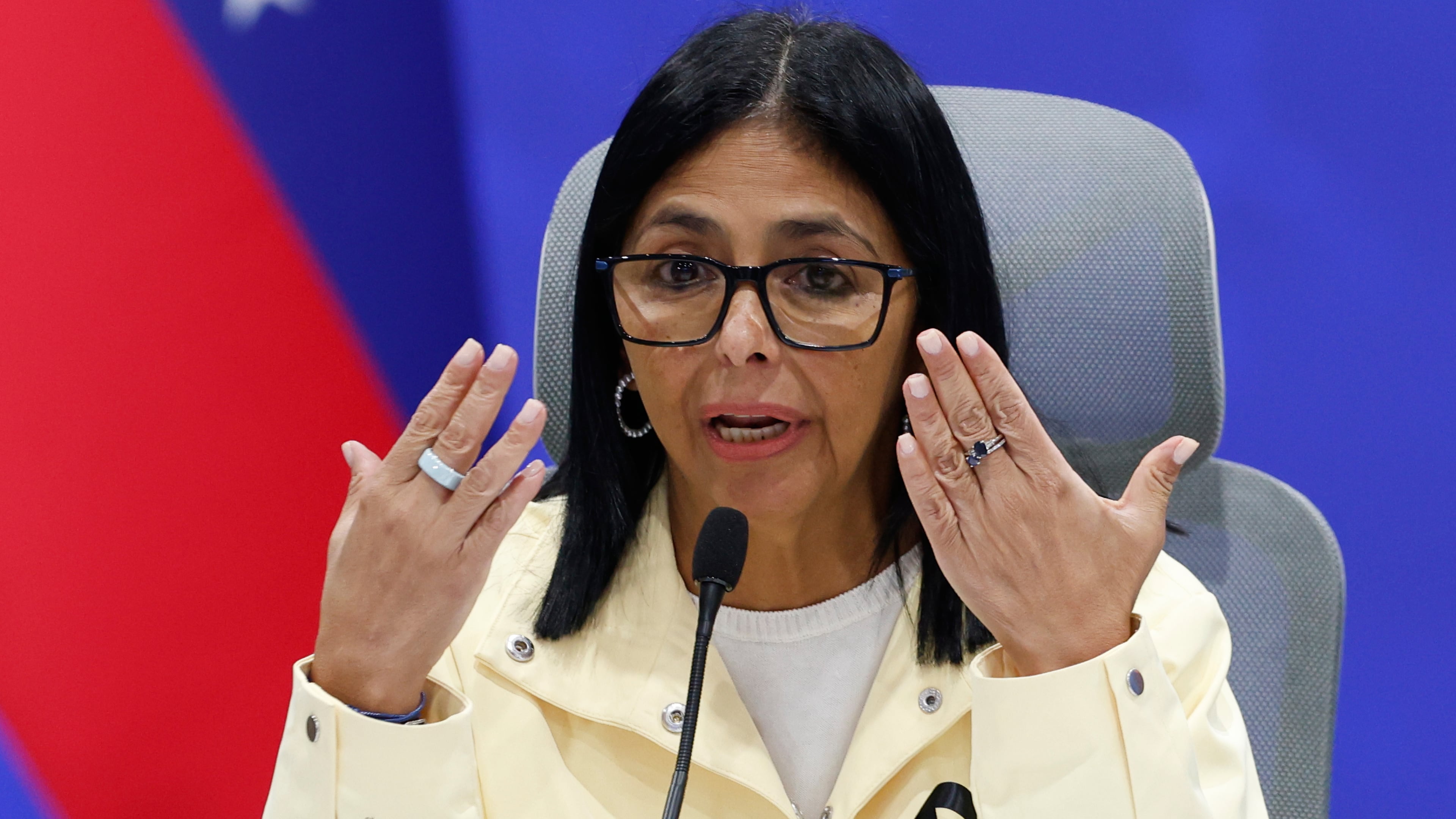 Venezuela's acting President Delcy Rodríguez speaks during a press conference addressing the government's response to the back-to-back earthquakes in Caracas, Venezuela, Thursday, July 2, 2026. (AP Photo/Pedro Mattey)