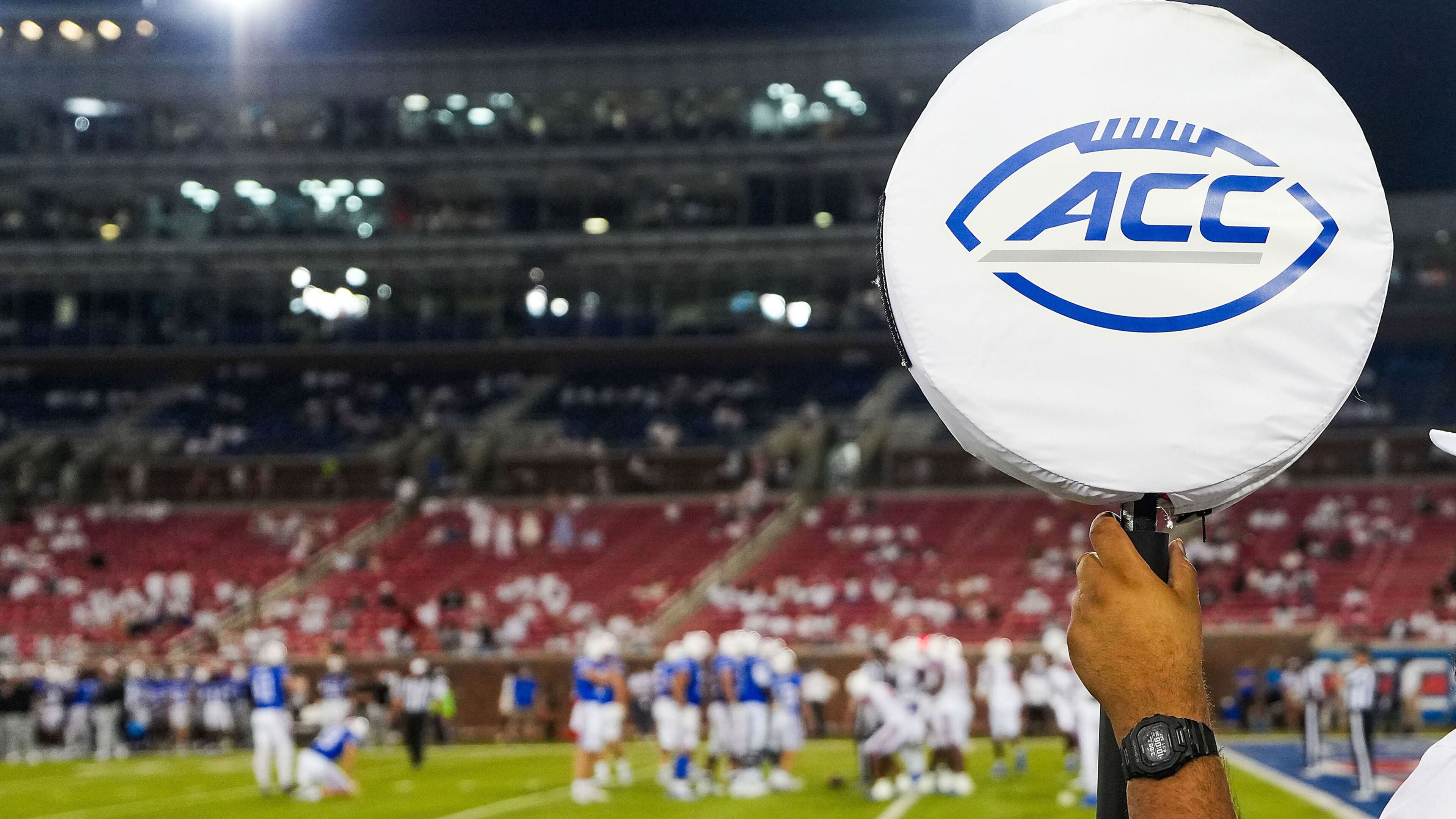 A down marker shows the ACC logo during the second half of an NCAA football game between SMU and Houston Christian at Ford Stadium on Aug. 31, 2024, in Dallas. (Smiley N. Pool/The Dallas Morning News/TNS)