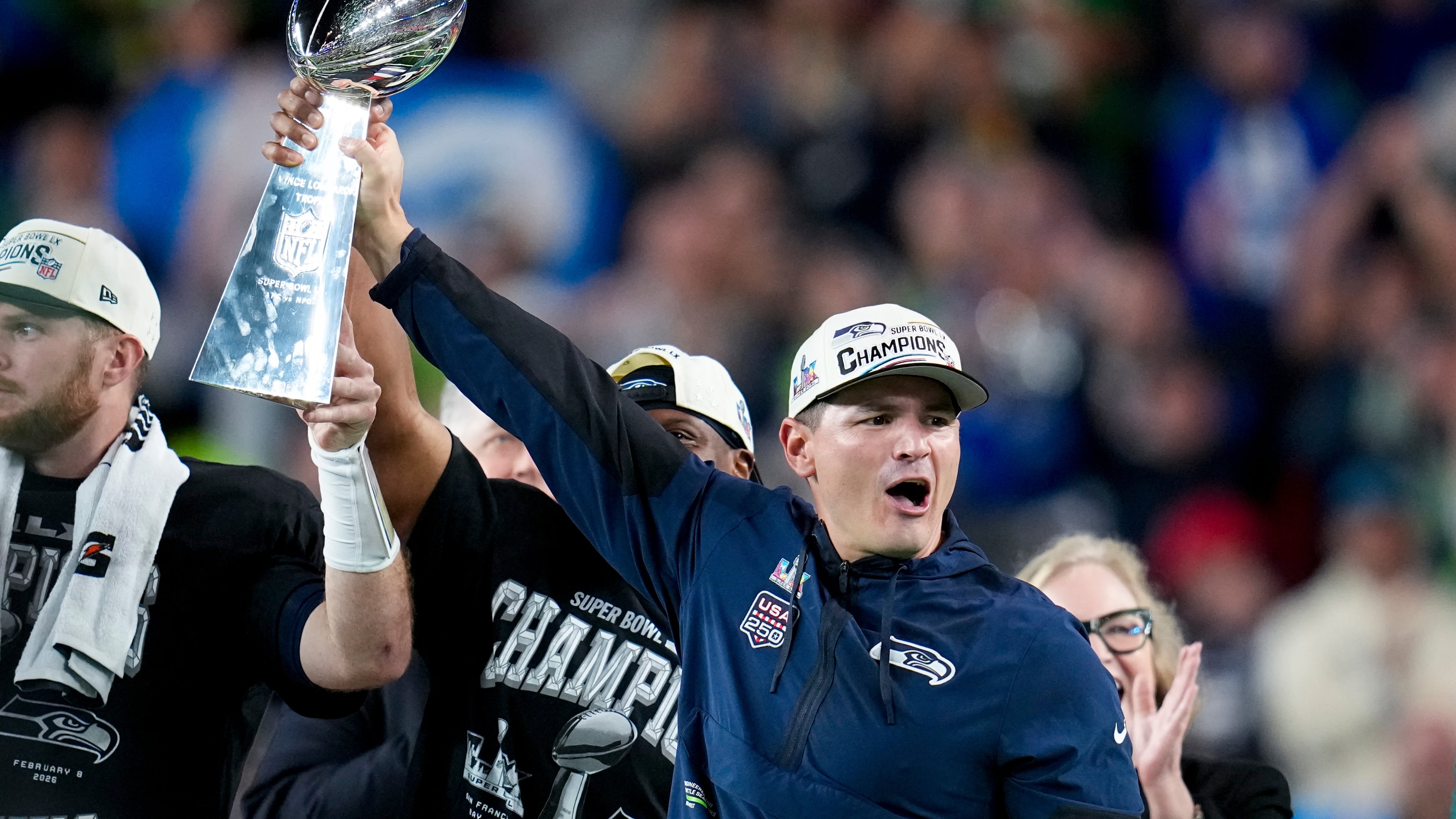 Seattle Seahawks head coach Mike Macdonald hold the Lombardi Trophy after defeating the New England Patriots the NFL Super Bowl 60 football game, Sunday, Feb. 8, 2026, in Santa Clara, Calif. (Sue Ogrocki/AP)