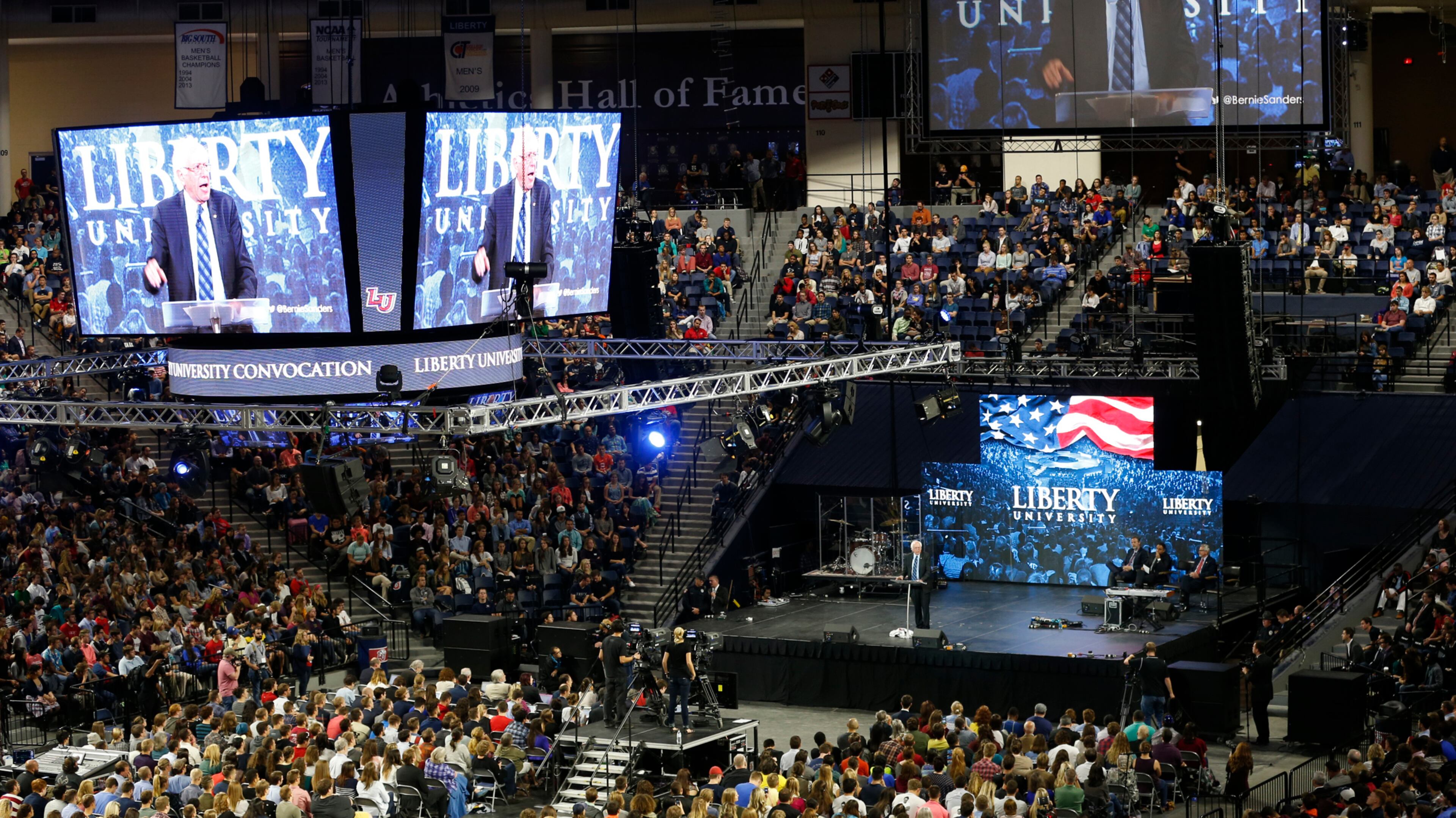 Democratic presidential candidate, Sen. Bernie Sanders, I-Vt. gestures during a speech at Liberty University in Lynchburg, Va., on Monday. AP/Steve Helber