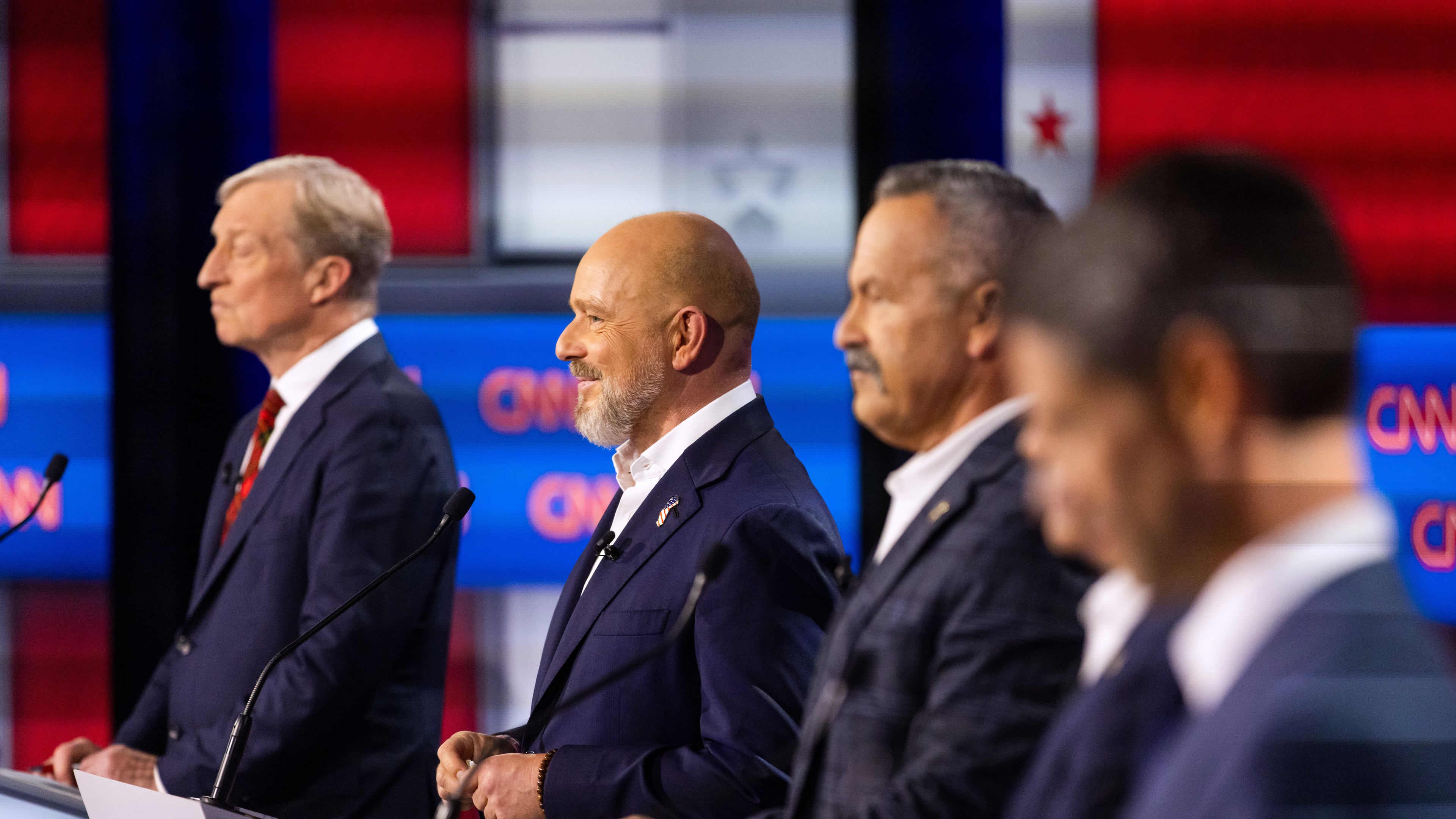 From left to right, Tom Steyer, Steve Hilton, Chad Bianco and Matt Mahan participate in a California gubernatorial debate hosted by CNN at East Los Angeles College in Monterey Park, Calif. Tuesday, May 5, 2026. (AP Photo/Ethan Swope)