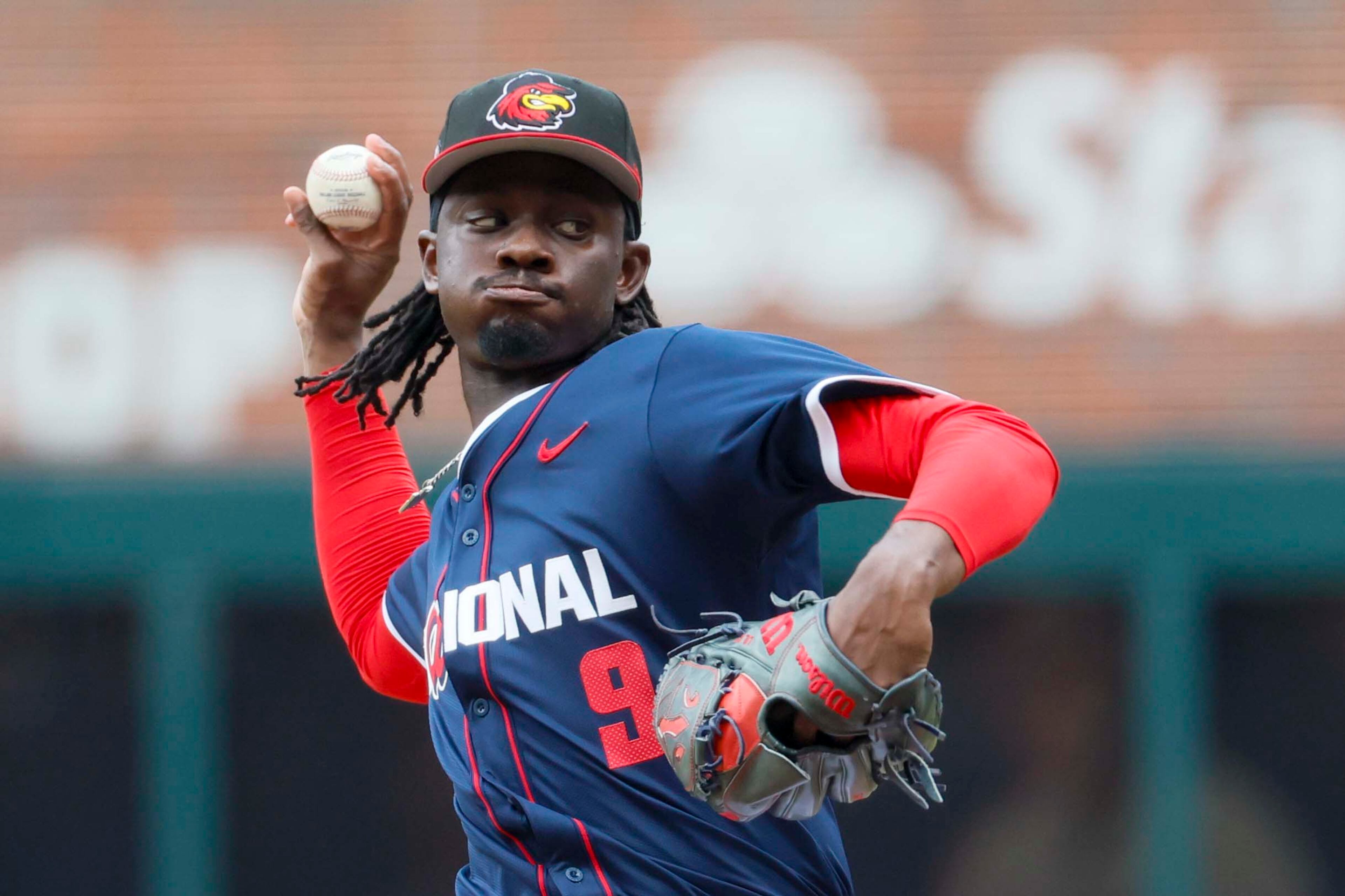 National League pitcher delivers to an American League batter during the MLB All-Star Futures Game at Truist Park on Saturday, July 12, 2025, in Atlanta.
(Miguel Martinez/ AJC)