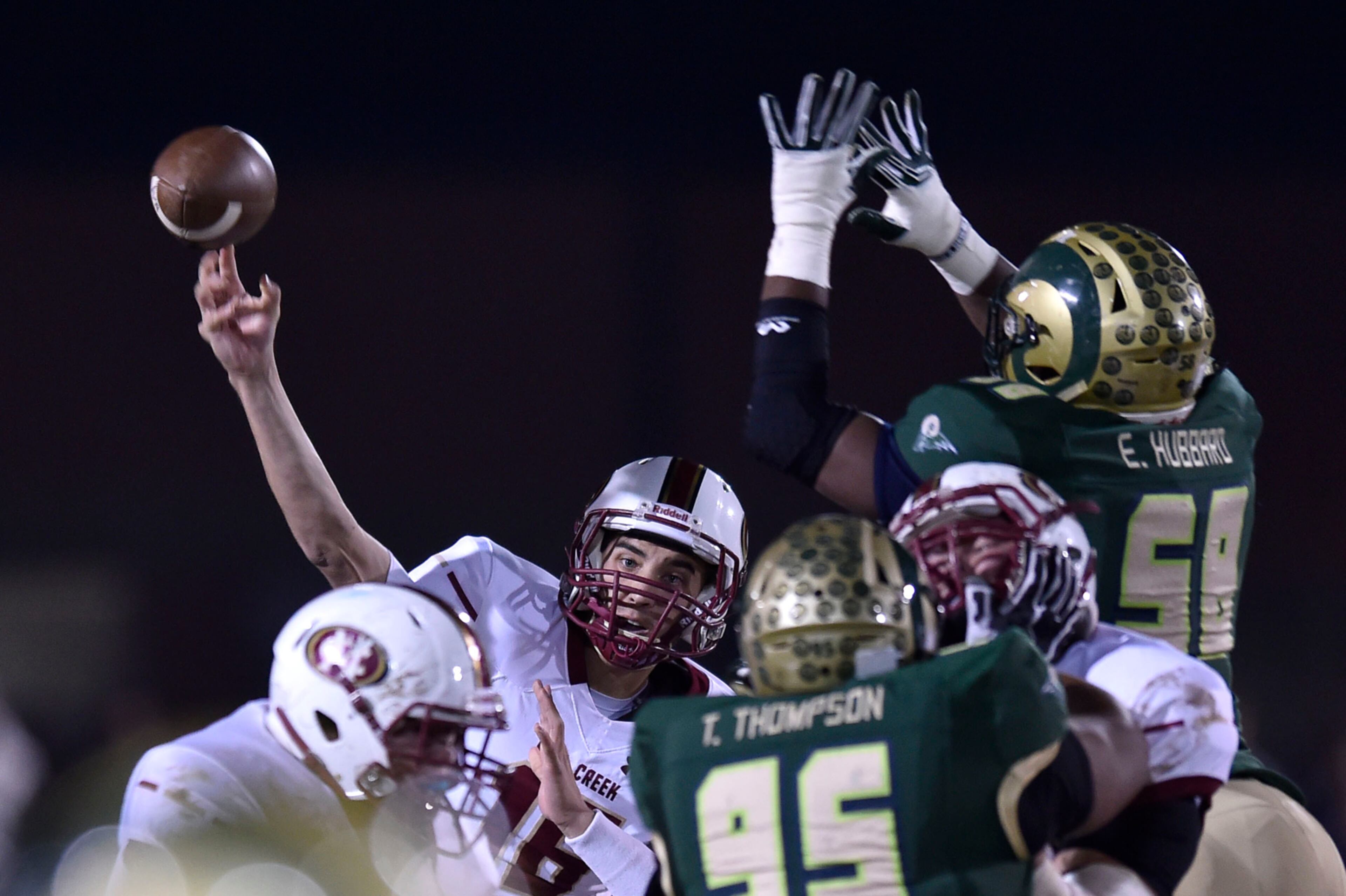 December 2, 2016, Loganville - Mill Creek quarterback Cameron Turley (16) throws the ball during the state semifinal game between Grayson and Mill Creek in Loganville, Georgia, on Friday, December 2, 2016. (DAVID BARNES / DAVID.BARNES@AJC.COM)