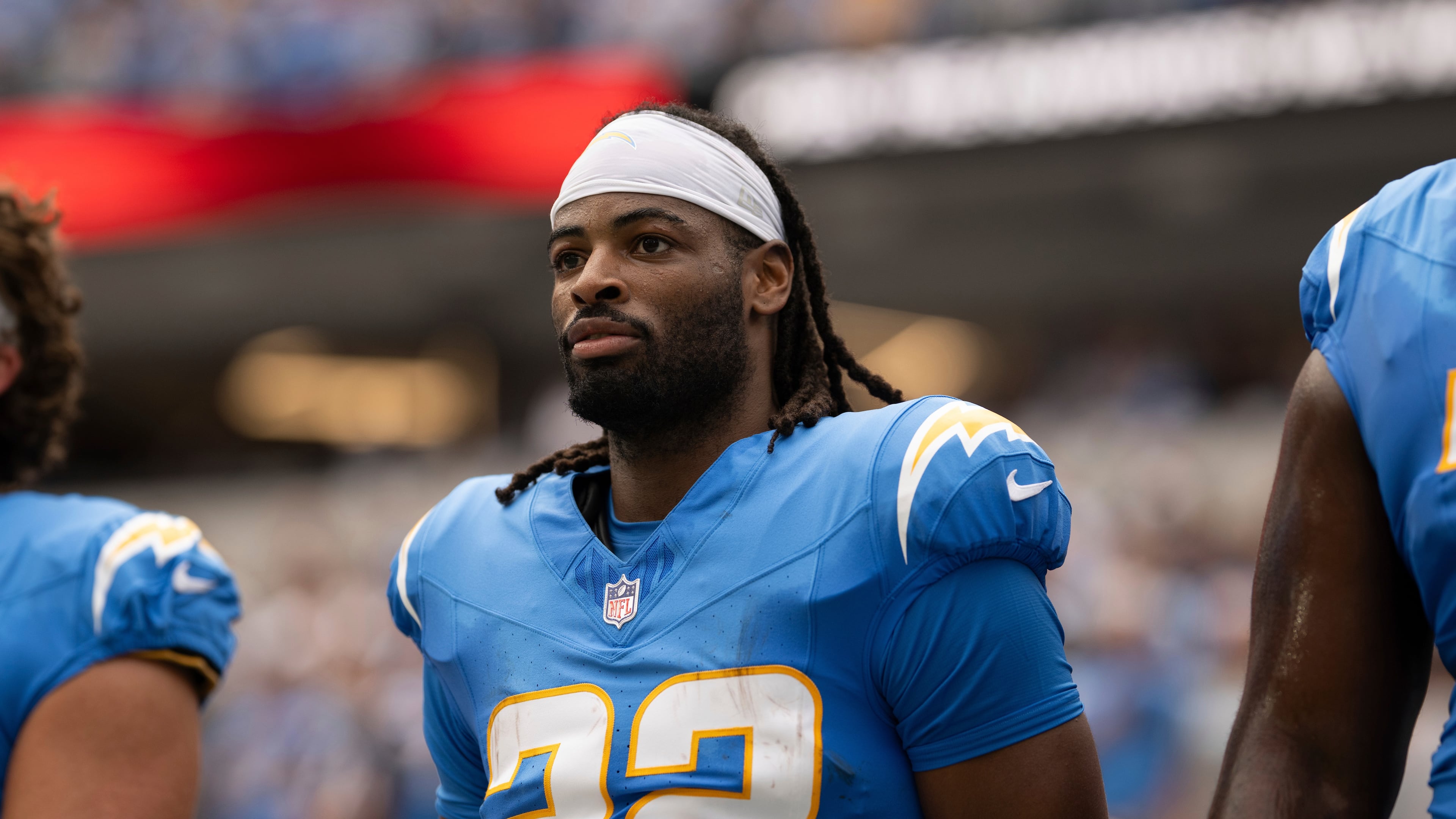 FILE - Los Angeles Chargers running back Najee Harris (22) stands for the National Anthem before an NFL football game against the Denver Broncos, Sept. 21, 2025, in Inglewood, Calif. (AP Photo/Kyusung Gong, File)