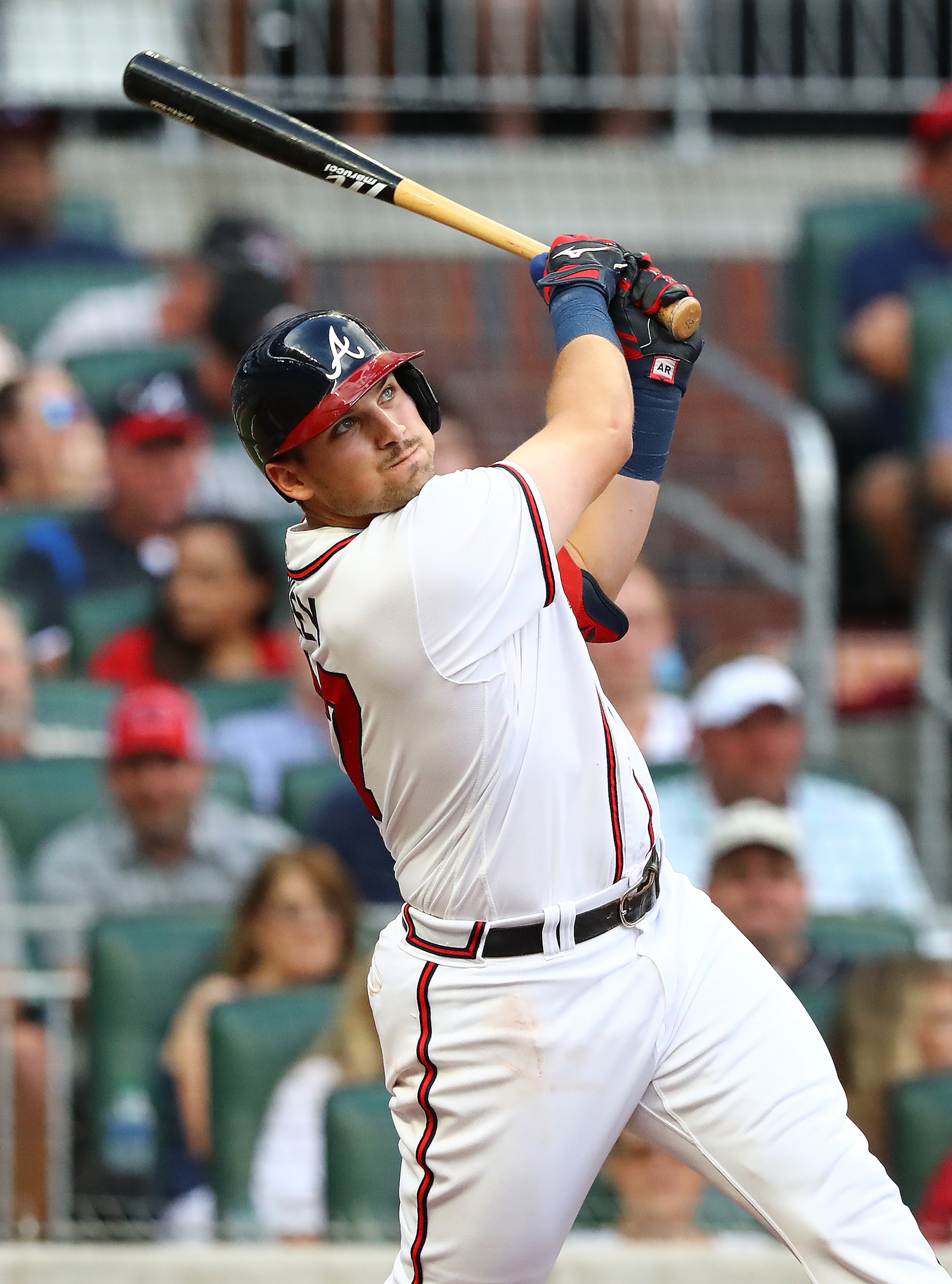 070522 Atlanta: Atlanta Braves third baseman Austin Riley hits a 2-RBI home run to take a 3-1 lead over the St. Louis Cardinals during the first inning in a MLB baseball game on Tuesday, July 5, 2022, in Atlanta. “Curtis Compton / Curtis.Compton@ajc.com”