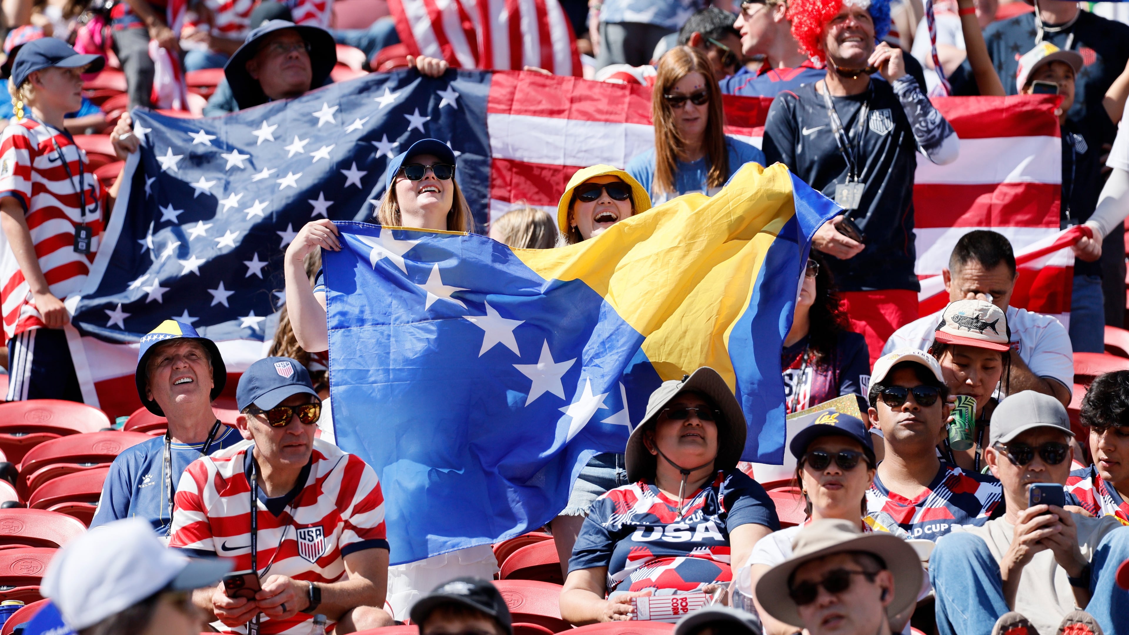 Spectators fill the stadium ahead of the World Cup Round of 32 match between USA and Bosnia and Herzegovina at the San Francisco Bay Area Stadium in Santa Clara, Calif. on Wednesday, July 01, 2026. (Santiago Mejia/San Francisco Chronicle via AP)